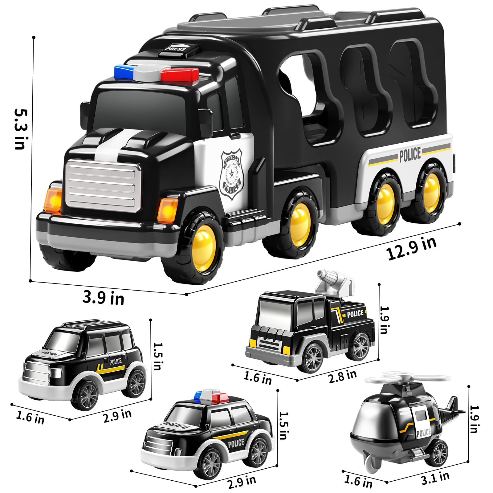 TEMI Police Toy Trucks for Kids Ages 3-7 - Interactive Transport Vehicle Carrier Playset for Toddlers & Preschoolers | Perfect Gift for Boys & Girls | Pretend Play, Birthday Party & Learning Scenarios