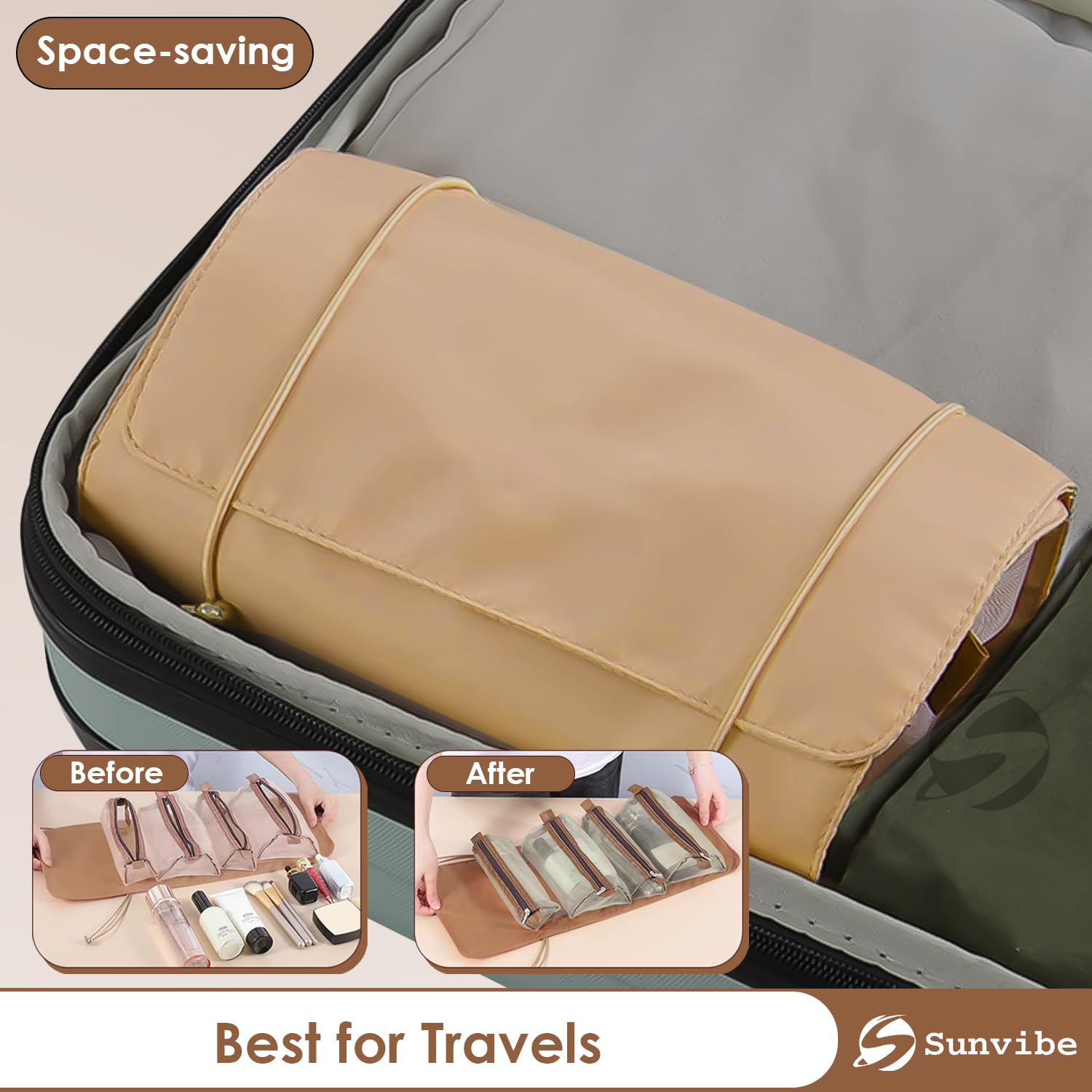 SUNVIBE® 4-in-1 Foldable Hanging Cosmetic Organizer Bag for Women | Travel Toiletry Storage Pouch | Water-Resistant Makeup Bag (Khaki) | Perfect for Vacation, Gym & Daily Use