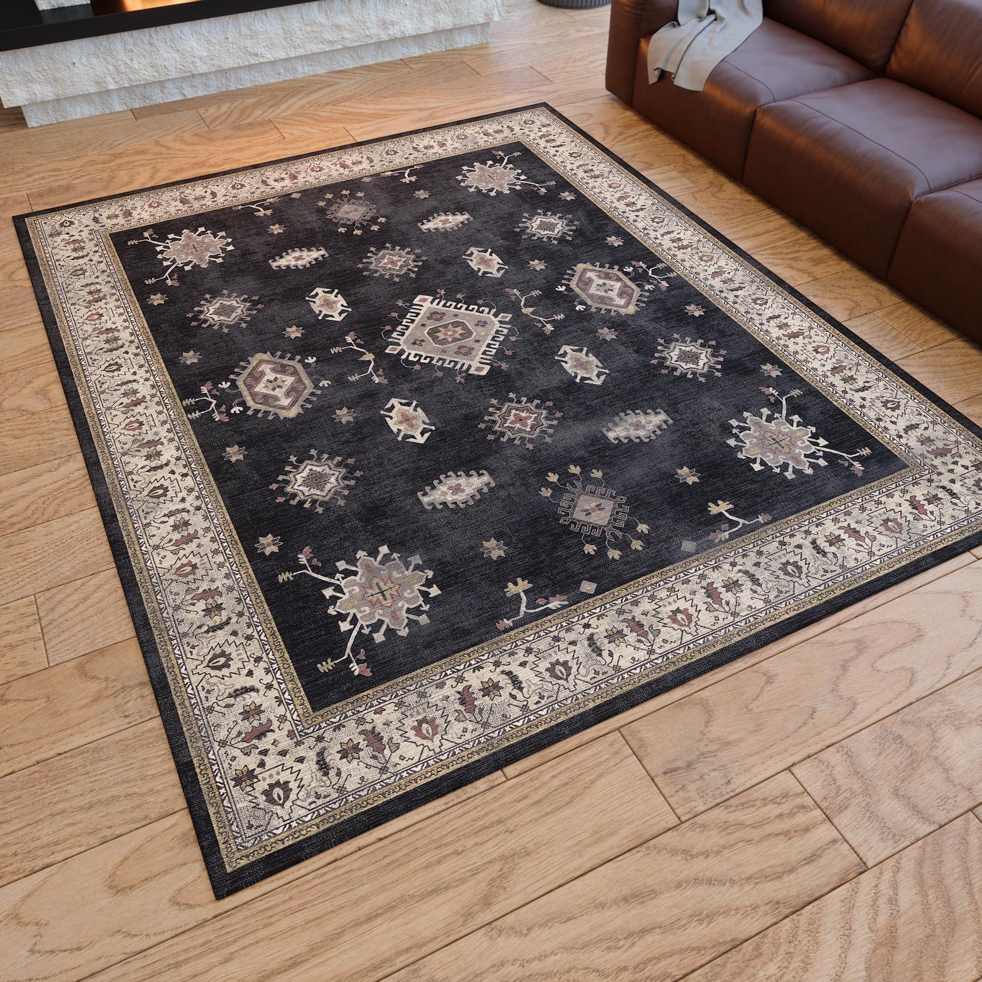 8x10 Black Distressed Tribal Area Rug - Machine Washable Vintage Faux Wool Carpet for Living Room, Bedroom & Home Decor