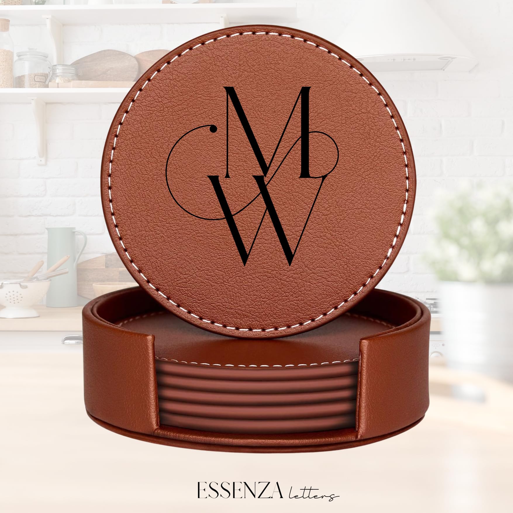 Set of 6 Personalized Engraved Leather Coasters with Holder | Handmade in USA | Custom Wedding, Anniversary & Housewarming Gifts | Perfect for Home Bar, Office Desk & Dinner Parties