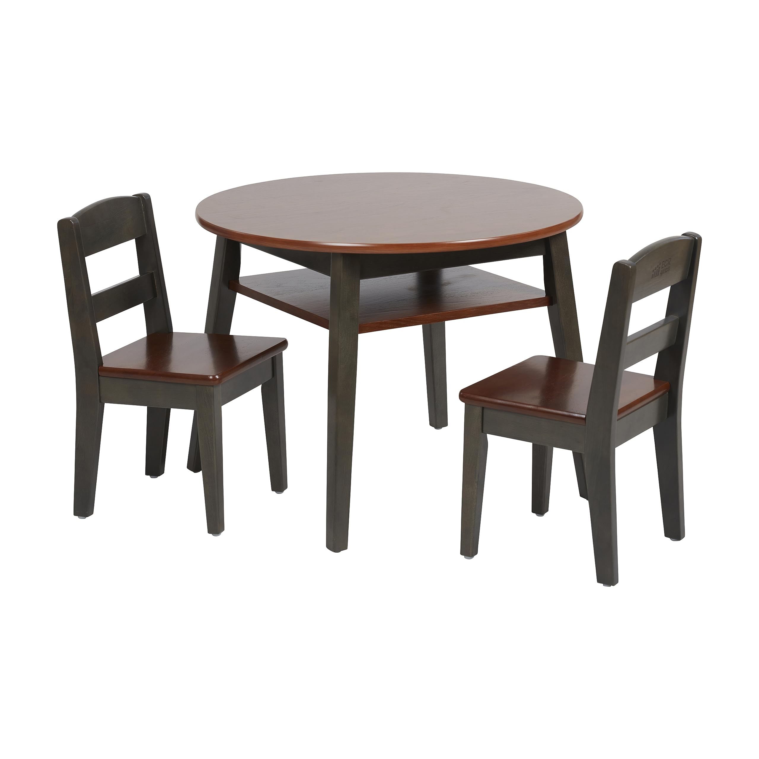 ECR4Kids Hideaway Table and Chair Set - 3-Piece Kids Furniture for Playroom, Classroom or Home - Dark Walnut & Grey Wash Wooden Study Desk with Foldable Chairs