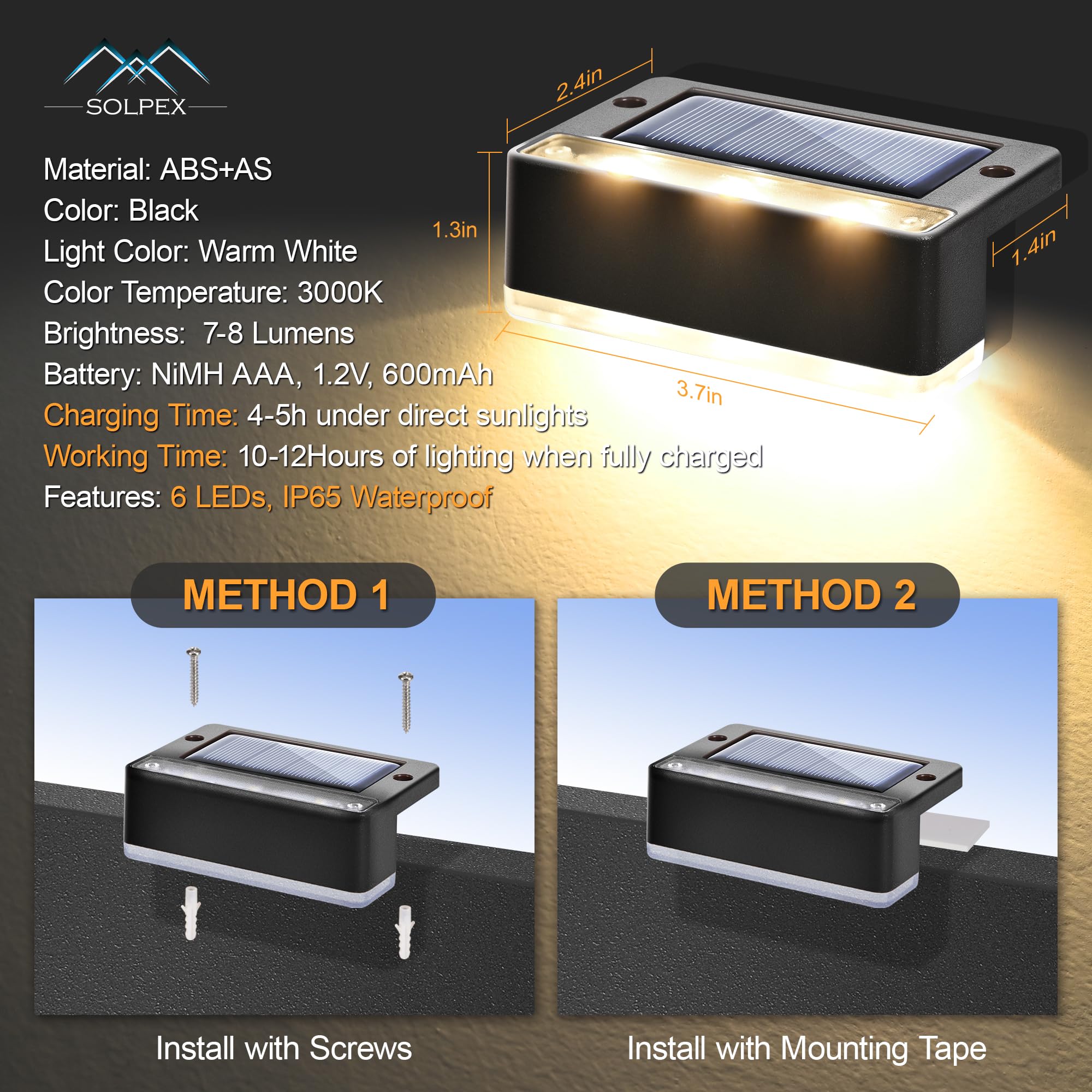 SOLPEX 16 Pack Solar Fence Lights - 6 LED Waterproof Outdoor Solar Lights for Deck, Stair, Porch, Balcony, Walkway, Garden, Yard, Patio & Pool Decor - Warm White IP65 Solar Powered Landscape Lighting - Perfect for Evening Outdoor Ambiance & Pathway Safety