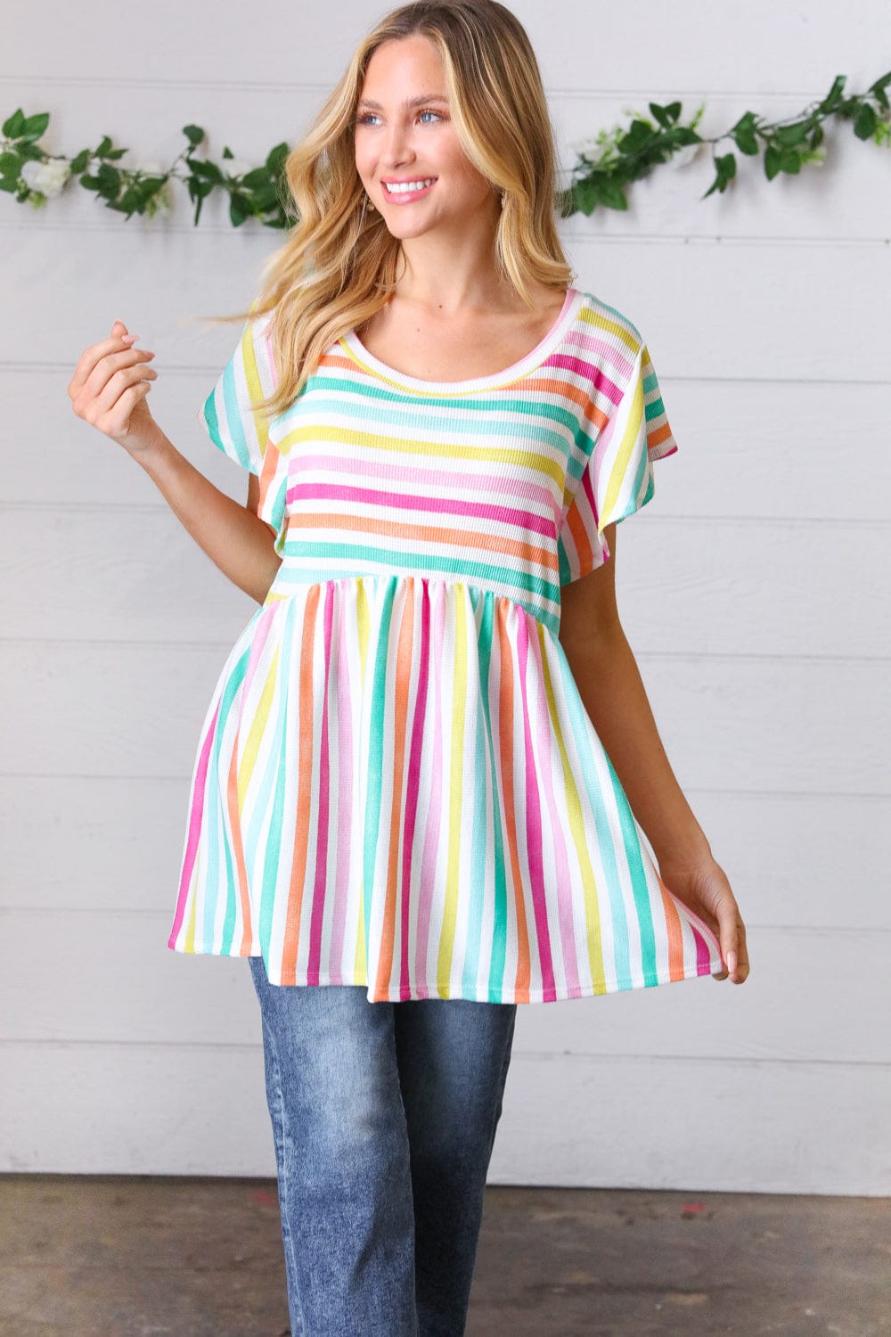 Lavender Rainbow Stripe Babydoll Top - Cute Flowy Summer Crop Top for Women, Perfect for Beach, Music Festivals & Date Nights