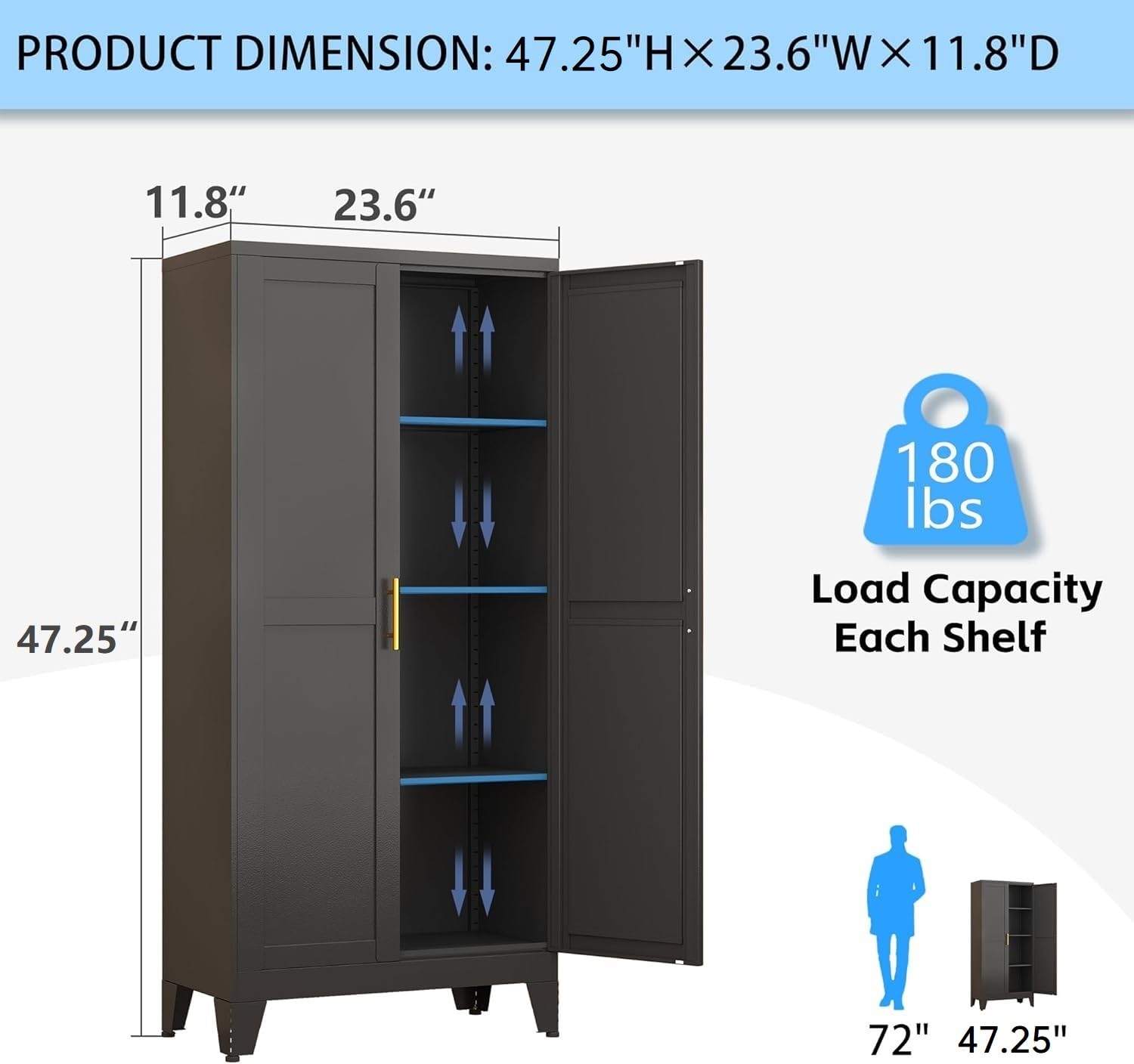 Stainless Steel Pantry Storage Cabinet with Adjustable Shelves & Feet - Heavy Duty Kitchen Organizer for Food, Spices & Supplies - Perfect for Pantry, Laundry Room, Dining Area & Home Office Storage