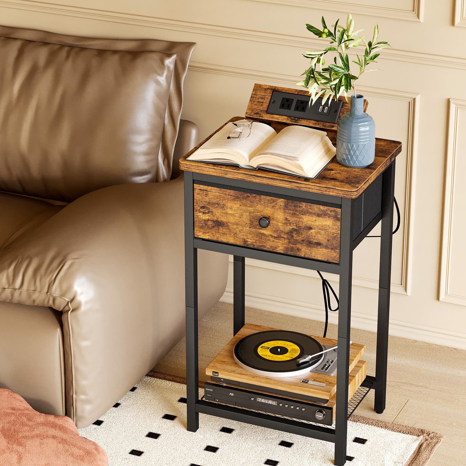 Fixwal Nightstand Set of 2 with Charging Station - USB Ports & Outlets, Rustic Brown Bedside End Tables with Fabric Drawer for Bedroom - Perfect for Small Spaces, Apartment Living & Guest Rooms