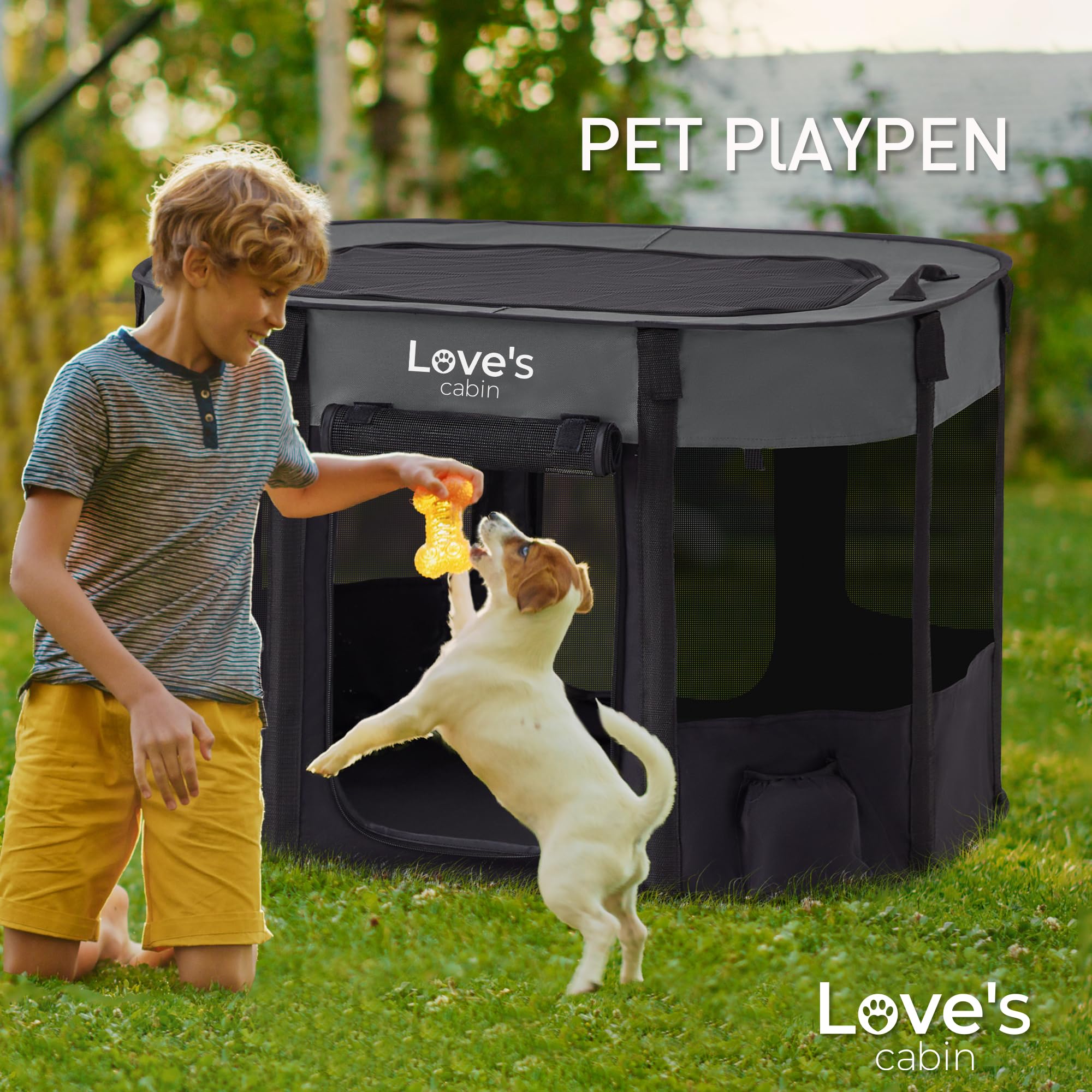 Love's Cabin Portable Pet Playpen for Small Dogs & Cats - Indoor/Outdoor Foldable Puppy Tent with Carrying Case (Grey, Size S) | Perfect for Travel, Camping & Home Use