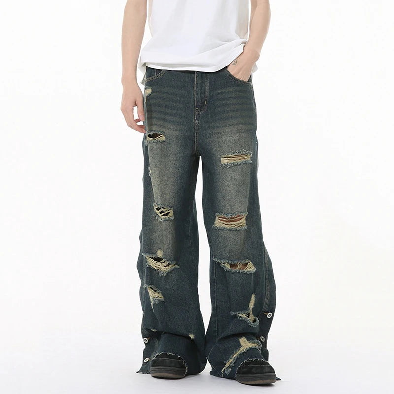 American Style Men's Jeans - Solid Color Distressed Denim Pants with Raw Edge & Wide Leg Design | Casual Straight Fit Loose Comfortable Male Trousers | Perfect for Streetwear, Daily Wear & Urban Fashion Outfits