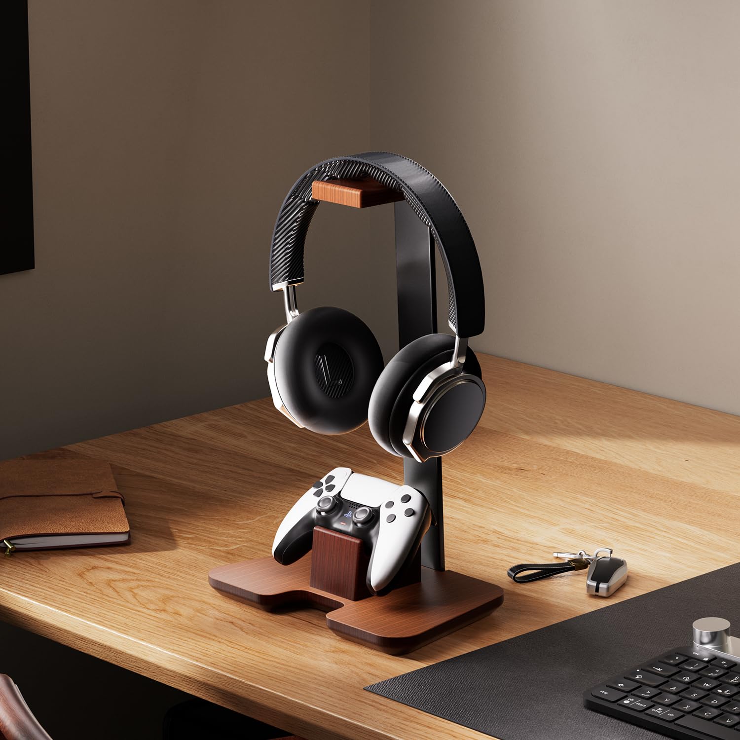 Premium Wooden Controller & Headphone Stand - Gaming Desk Organizer for PC, PS5, Xbox Accessories - Perfect for Gaming Setup & Office Workspace