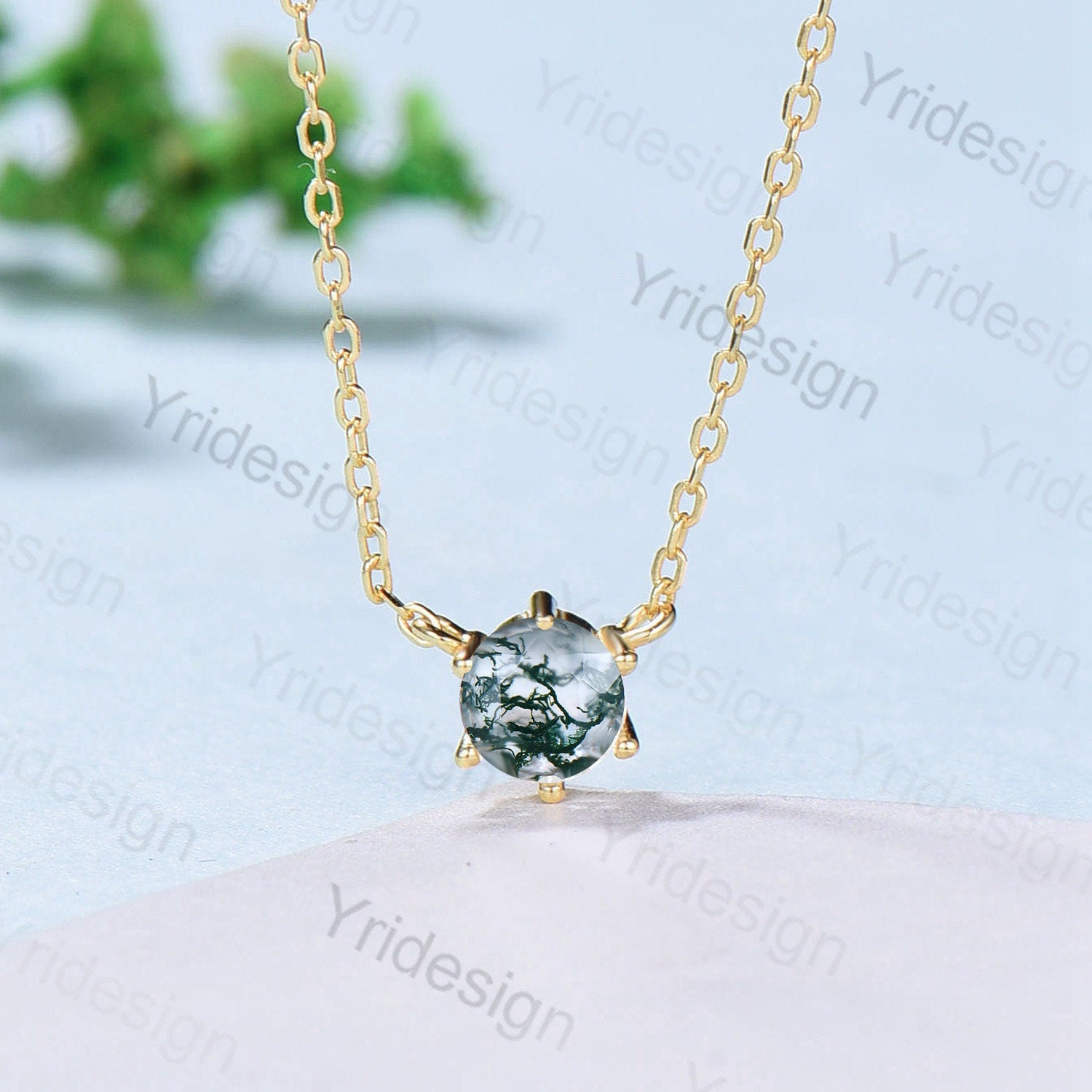 5mm Round Moss Agate Pendant Necklace - 16