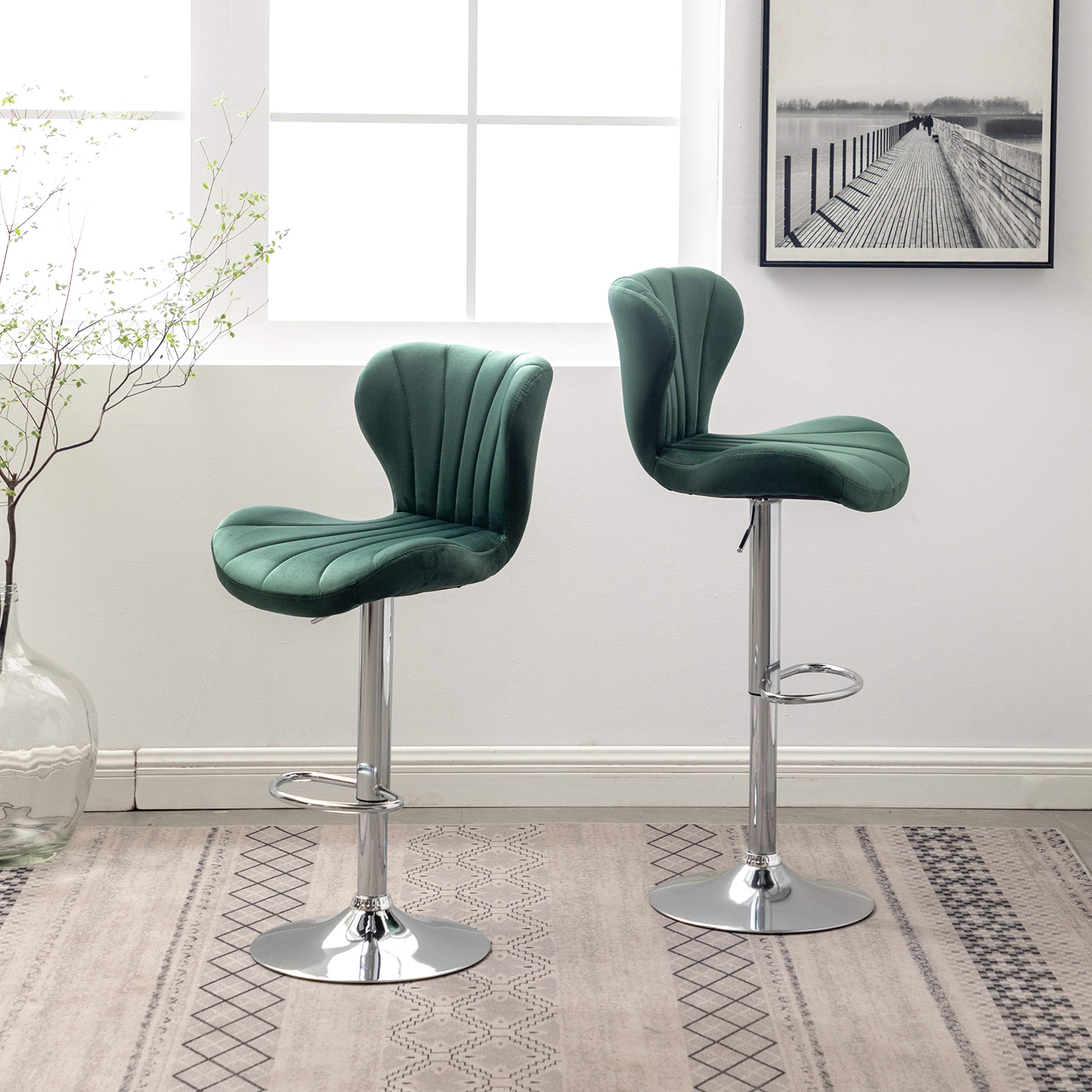 Roundhill Furniture Ellston Velvet Adjustable Swivel Bar Stools - Set of 2, Green Velvet Upholstery, Counter Height Stools for Kitchen Island, Bar or Breakfast Nook