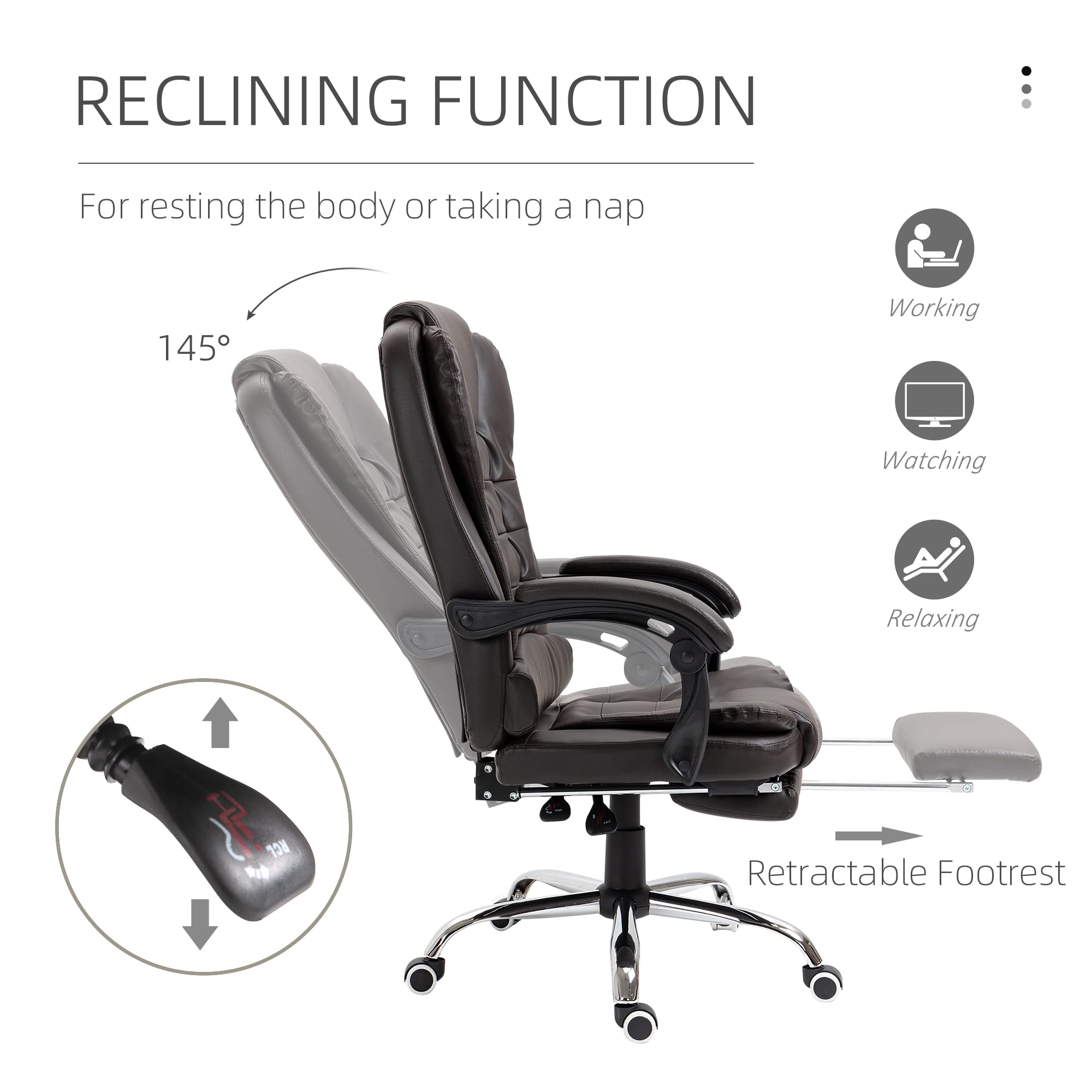 HOMCOM High Back Ergonomic Executive Office Chair - PU Leather Computer Desk Chair with Adjustable Lumbar Support, Retractable Footrest, Padded Headrest & Armrests (Coffee Brown) for Home Office, Gaming & Workspace Comfort