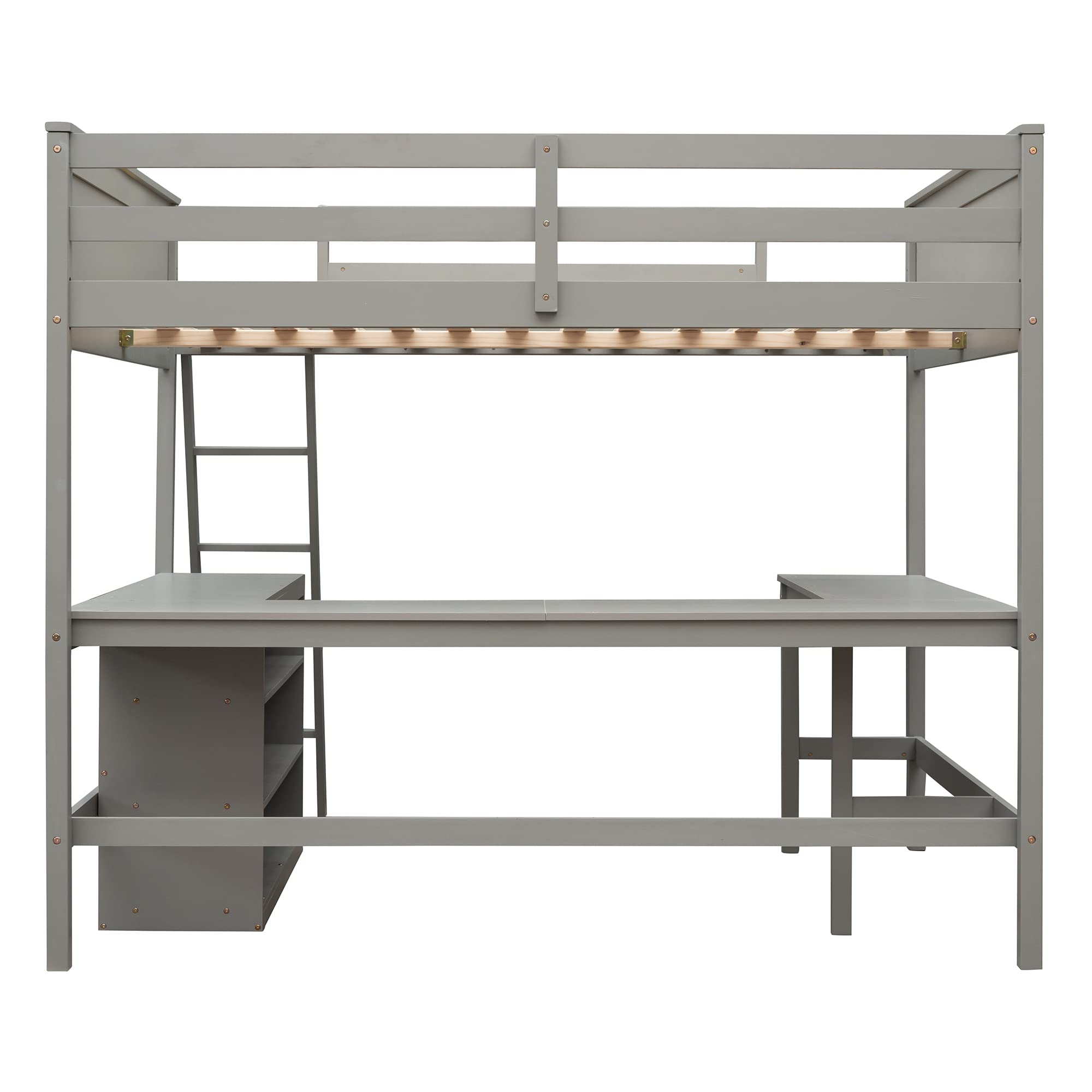 Full Size Loft Bed with Desk & Shelves - Sturdy Wooden Loft Bed with Storage Space - Perfect for Kids, Teens & Adults - Space-Saving Gray Loft Bed for Small Rooms, Dorms & Apartments