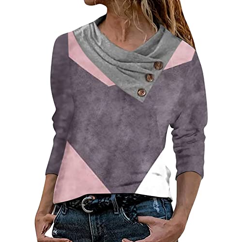 Women's Long Sleeve Cross Collar V-Neck Geometric Print Button-Up Blouse - Casual Comfortable Pullover Top for Work & Everyday Wear (Grey, Medium) | Office Outfits, Date Night & Weekend Style