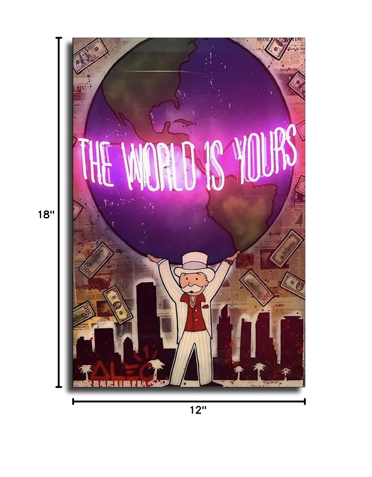 Premium Alec-Monopolys 'The World Is Yours' Canvas Wall Art - 12x18 Inch (30x45cm) Modern Home Decor for Living Room, Bedroom & Office - Perfect Gift for Travel Lovers & Inspirational Space Decor
