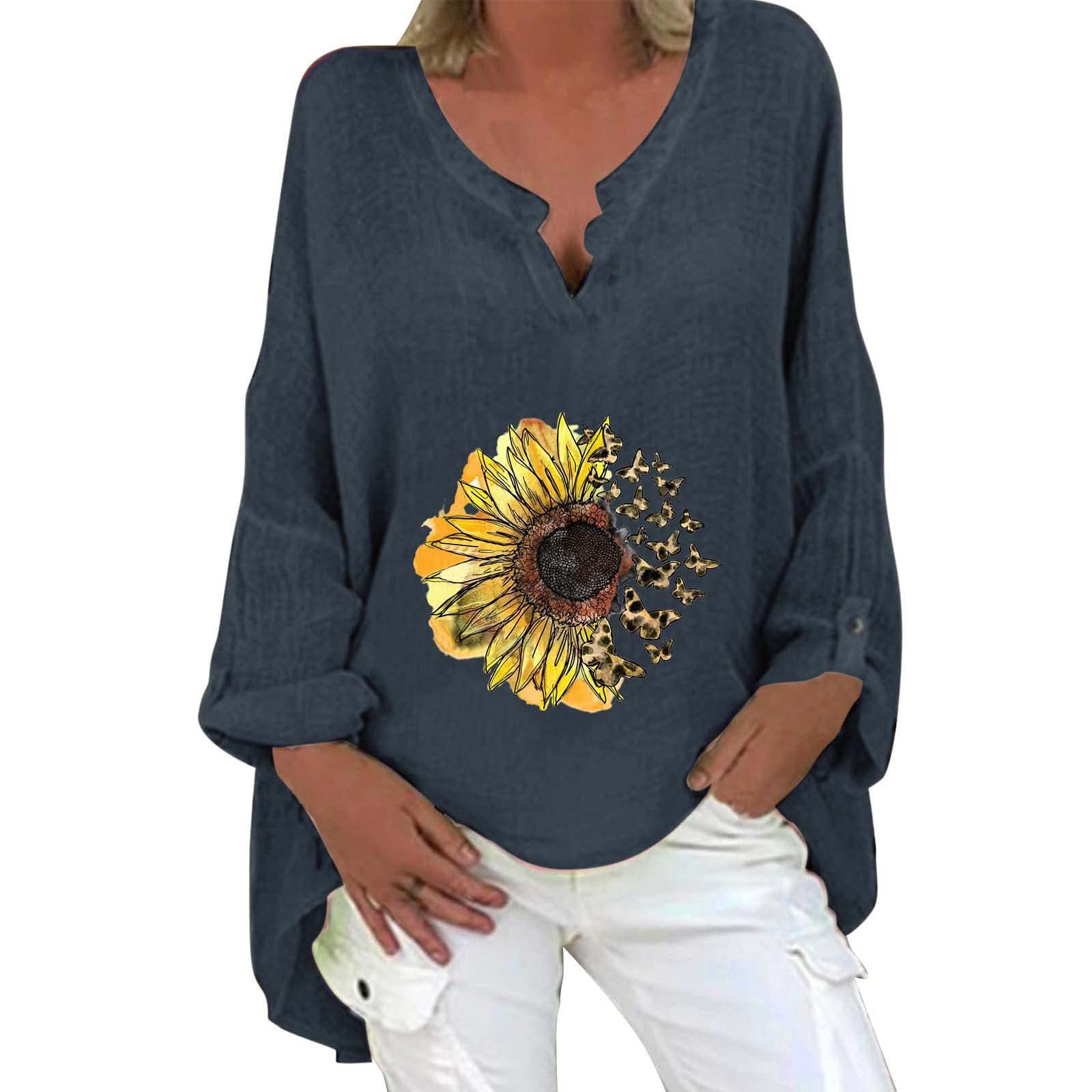 Women's Floral Print V-Neck Long Sleeve Blouse - Dressy Casual Loose Fit Tops for Summer - Perfect for Office, Date Night & Weekend Outings