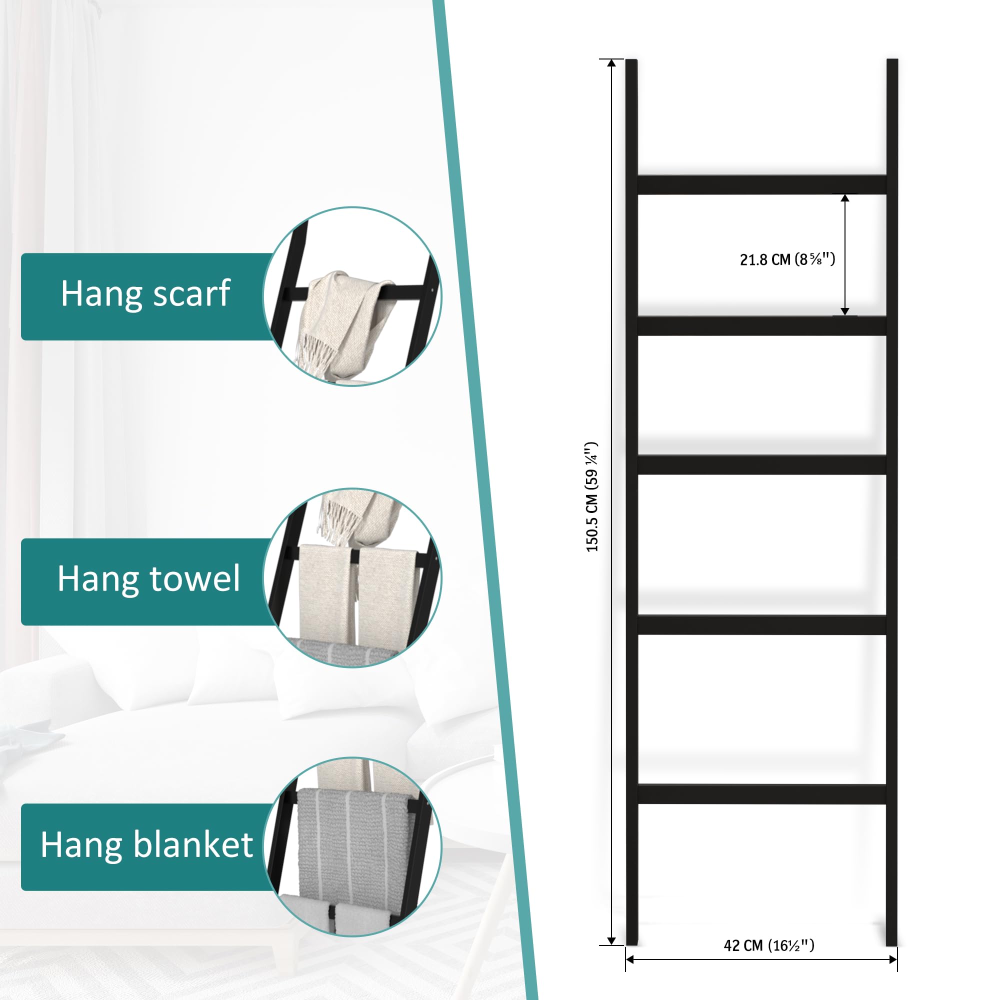 5-Tier Blanket Ladder with Anti-Slip Design - Sturdy Towel Rack for Blankets, Quilts, Scarves & Home Decor - Perfect for Living Room, Bedroom & Bathroom Organization - Black