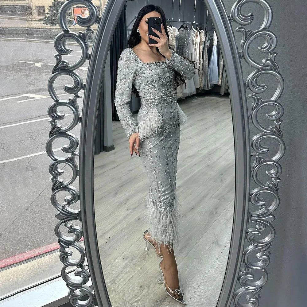 Elegant Silver Gray Mermaid Tea Length Evening Dress with Feathers - LA71669L - Perfect for Prom, Cocktail Parties & Formal Events