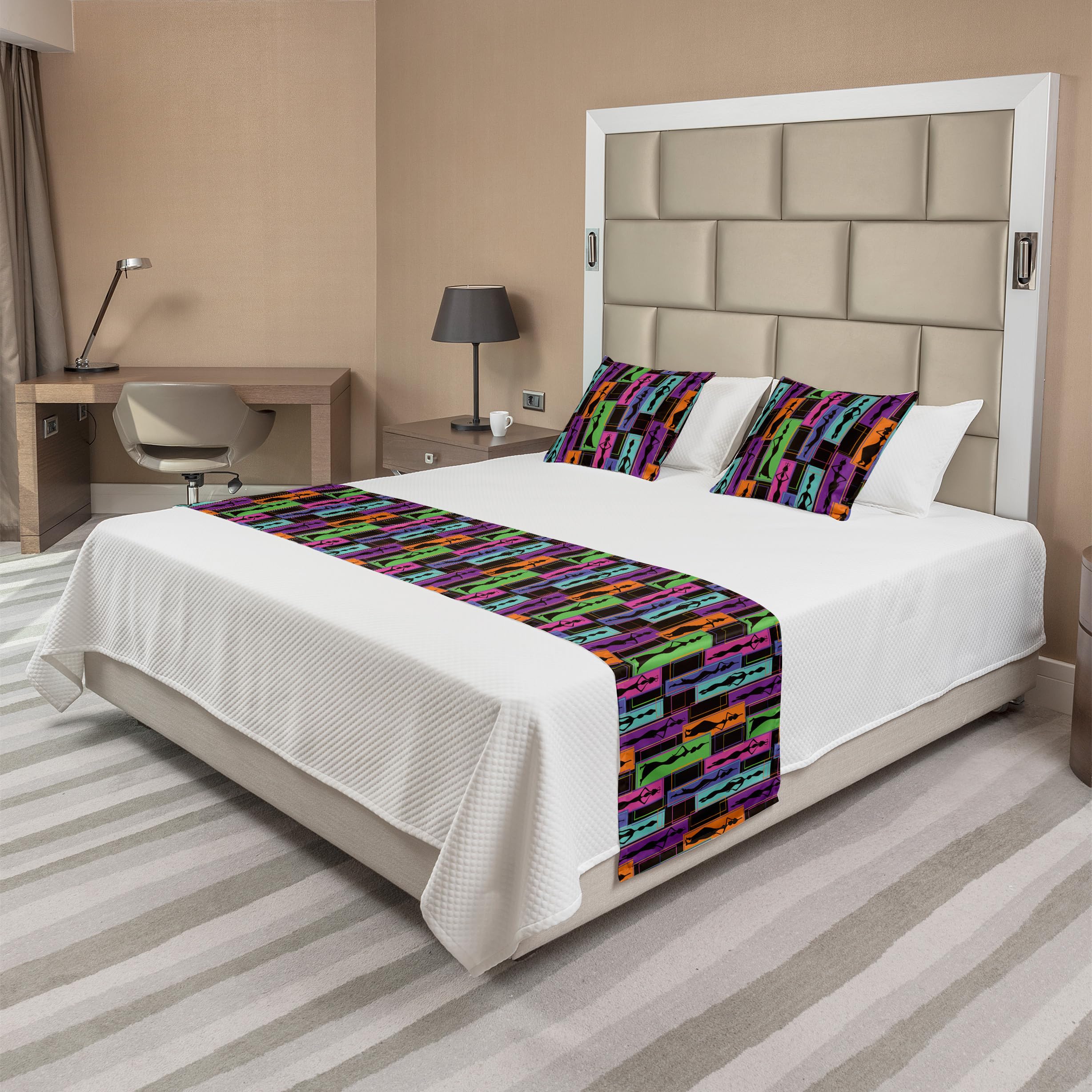 Ambesonne African Bed Runner Set - Colorful Abstract Geometric Pattern with Women Carrying Vases, Decorative Bed Scarf & 2 Pillow Shams for Hotels & Homes | Perfect for Boho Chic Bedroom Decor, Guest Room Styling & Cultural Home Accents