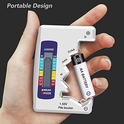 Yakamoz Universal Battery Tester - Handheld AA AAA C D 9V 1.5V Button Cell Battery Checker for Household & Small Electronics - Test Battery Life & Power for Toys, Flashlights, Remote Controls & More