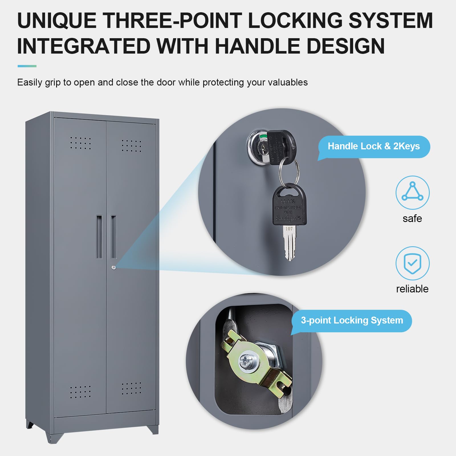 GREATMEET 65 Inch Broom Storage Cabinet with Hanging Rod - Metal Cleaning Supply Organizer for Garage, Utility Room & Laundry - Space Saving Grey Mop Holder for Brooms, Dustpans & Cleaning Tools