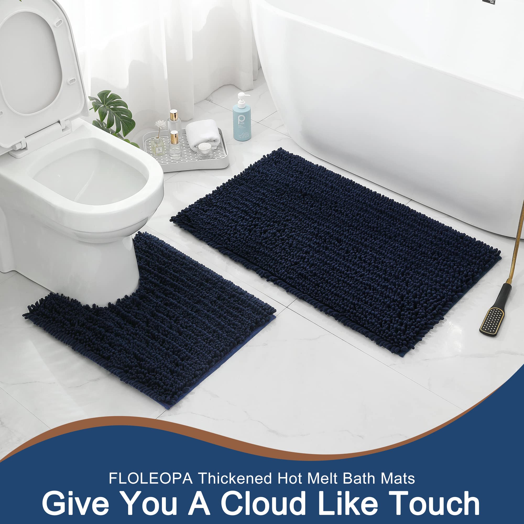 FLOLEOPA Non-Slip Bathroom Contour Rug - 24x20 Inch Navy Blue Microfiber Shaggy Bath Mat | Water Absorbent, Machine Washable U-Shaped Toilet Rug for Bathroom Safety & Comfort | Perfect for Bathroom Floor, Shower & Toilet Area