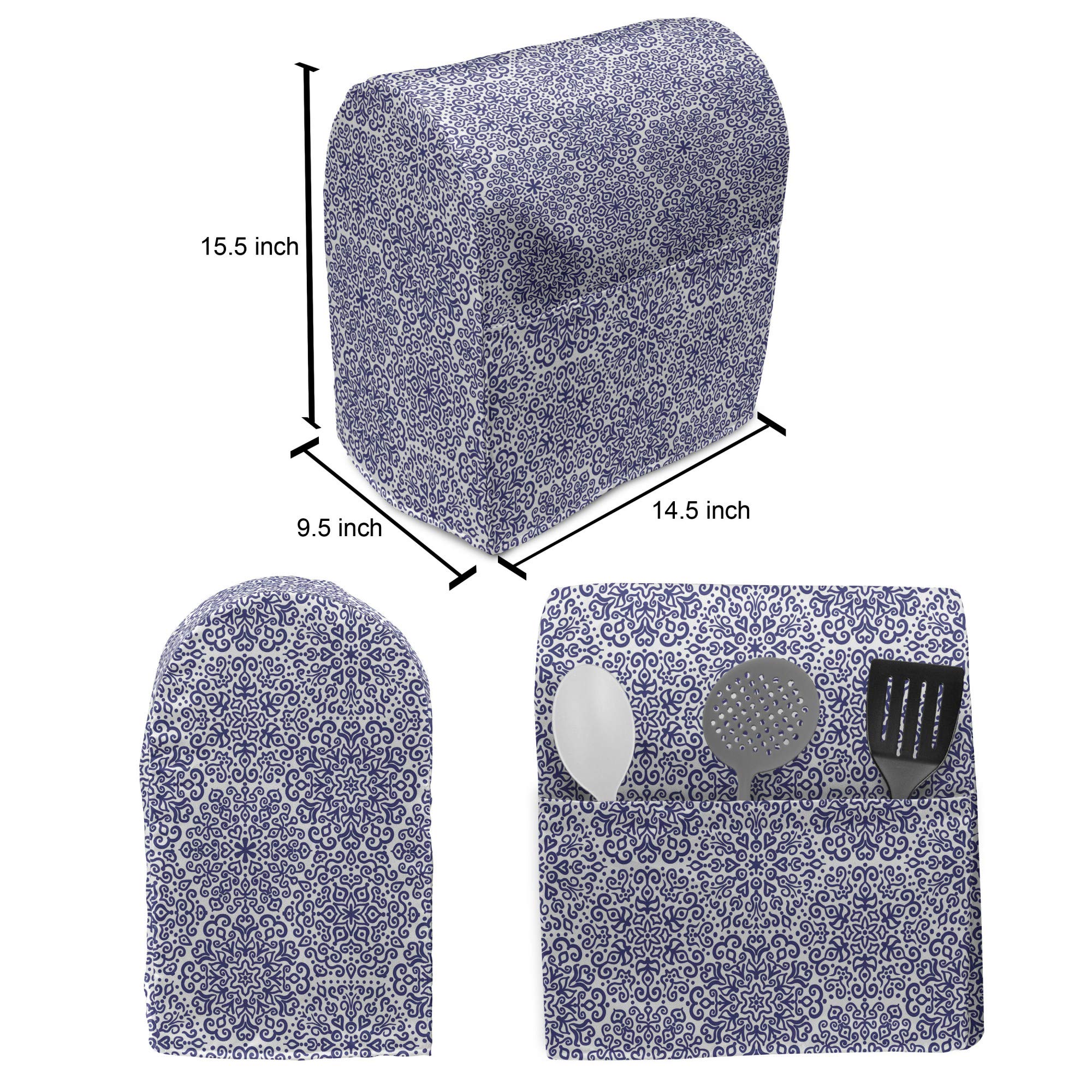 Ambesonne 6-8 Quart Stand Mixer Cover with Pocket - Indigo & White Mandala Floral Pattern - Kitchen Appliance Organizer Bag for KitchenAid, Cuisinart & More - Perfect for Baking, Cooking & Countertop Storage