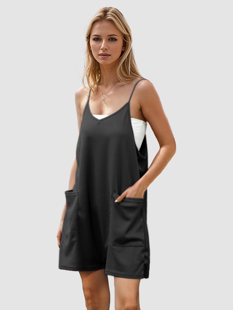 Women's Summer Casual Waffle Knit Romper - Loose Fit Spaghetti Strap Sleeveless Jumpsuit with Pockets | Beach Outfit, Vacation Wear, Street Style Fashion