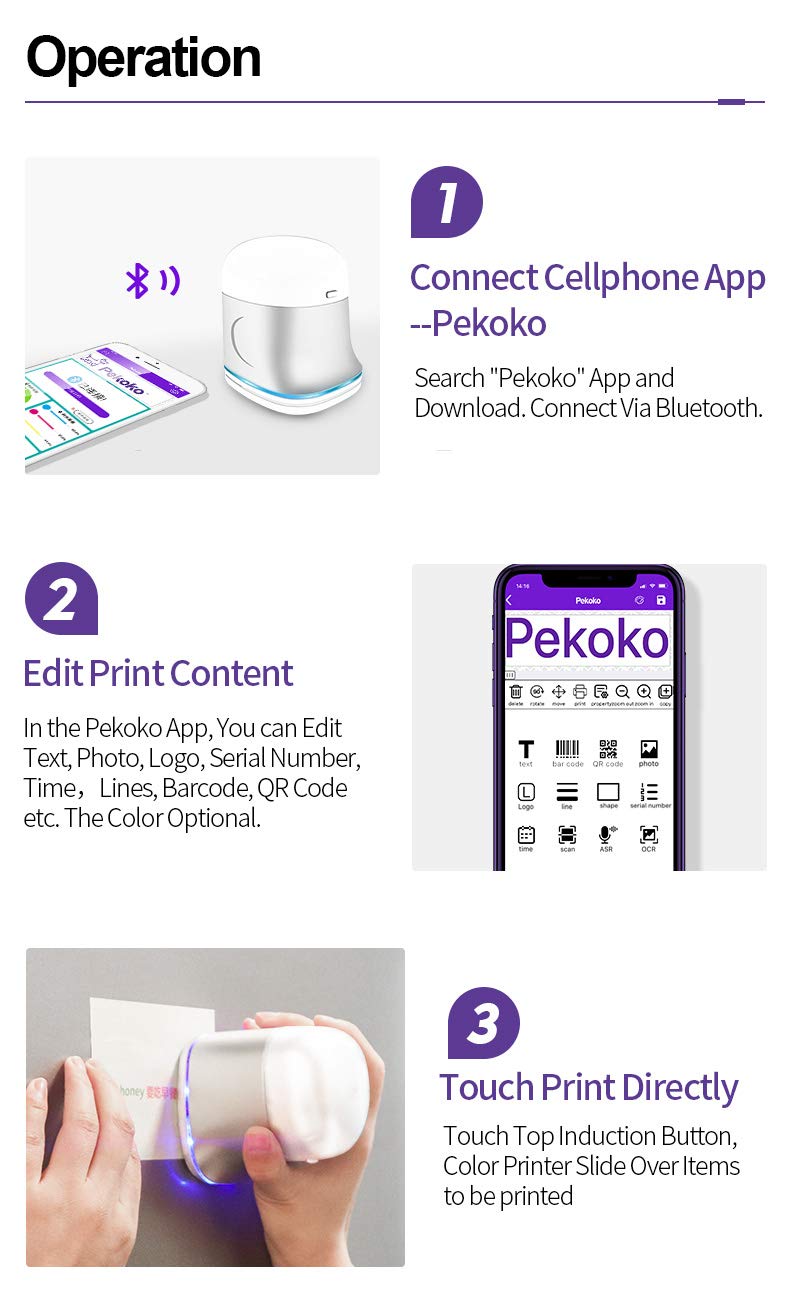 PEKOKO Portable Mini Handheld Inkjet Printer - Wireless Barcode & Label Printer, 1200dpi High Resolution for Home, Office & Retail Use