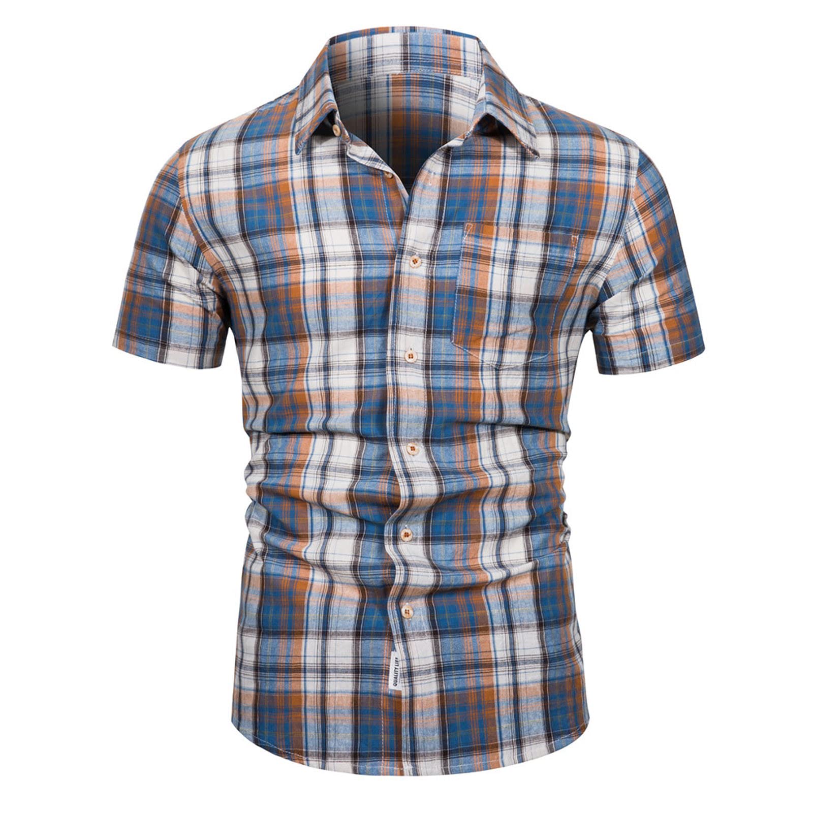 Men's Plaid Henley Shirt with Pocket - Short Sleeve Banded Collar Business Casual Dress Shirt | Perfect for Office, Date Night & Weekend Outings