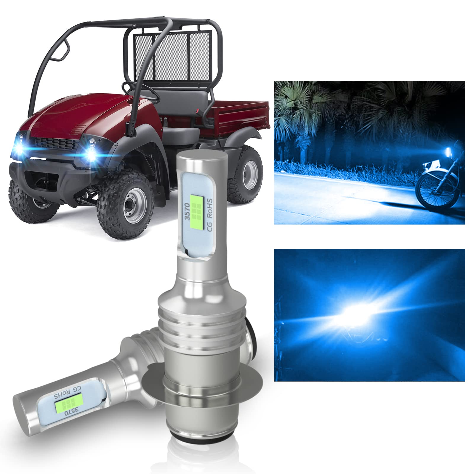 Kawasaki Mule 600 610 3000 3010 LED Headlight Bulbs Kit - P15D H6M High/Low Beam 1500LM 8000K Ice Blue ATV Replacement Bulbs (Pack of 2) - Plug & Play for Off-Road, Night Riding & Trail Adventures