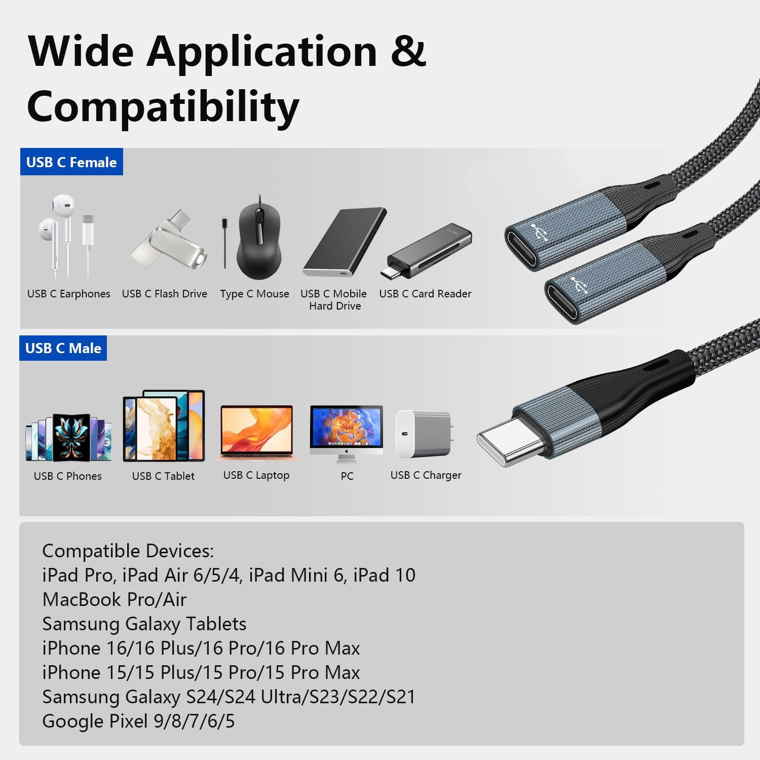 USB C Splitter Cable - 2-in-1 USB C to Dual USB C Female Adapter with OTG & Headphone Jack - Fast Data Transfer Compatible with iPad Pro/Air, MacBook, iPhone 16/15, Galaxy S24/S23 - Perfect for Charging, Audio & File Sharing on the Go
