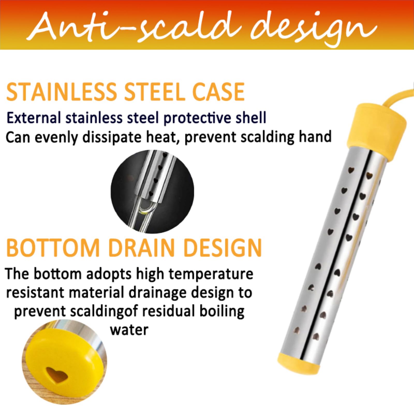Fast Heating Immersion Water Heater for Bathtub - 304 Stainless Steel Submersible Heater with Protective Cover - Warms 5 Gallons in Minutes (Yellow) - Perfect for Bathrooms, Spas, and Home Relaxation