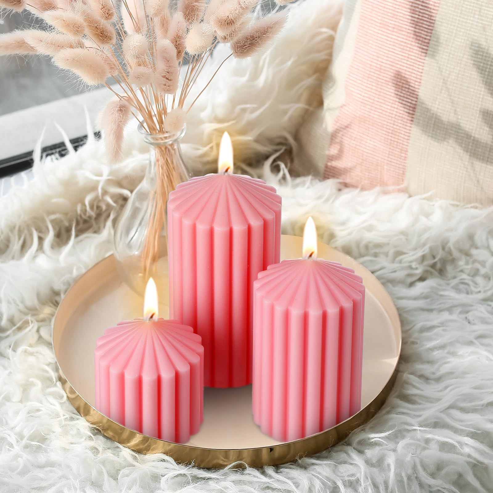 Soy Wax Ribbed Pillar Candles Set of 3 - 2.8 to 5.1 Inches, Pink for Home Decor & Gifts
