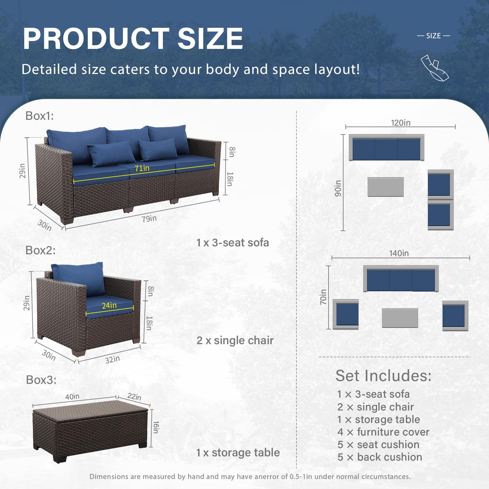 4-Piece Patio Furniture Set with Outdoor Couch, 2 Chairs & Storage Table - Waterproof Navy Blue Cushions & No-Slip Covers - Perfect for Backyard, Garden, Poolside Relaxation