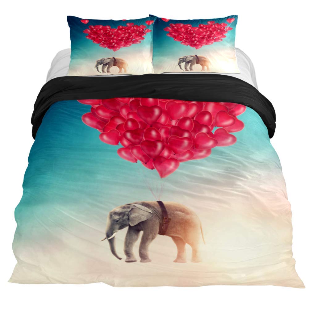 Anna Cowper Elephant Flying with Balloons Sky 3-Piece Duvet Cover Set - King/Queen/Full/Twin Size, Soft Comforter Cover with Zipper Closure & 4 Corner Ties - Perfect for Kids' Bedrooms, Nursery Decor & Whimsical Home Styling