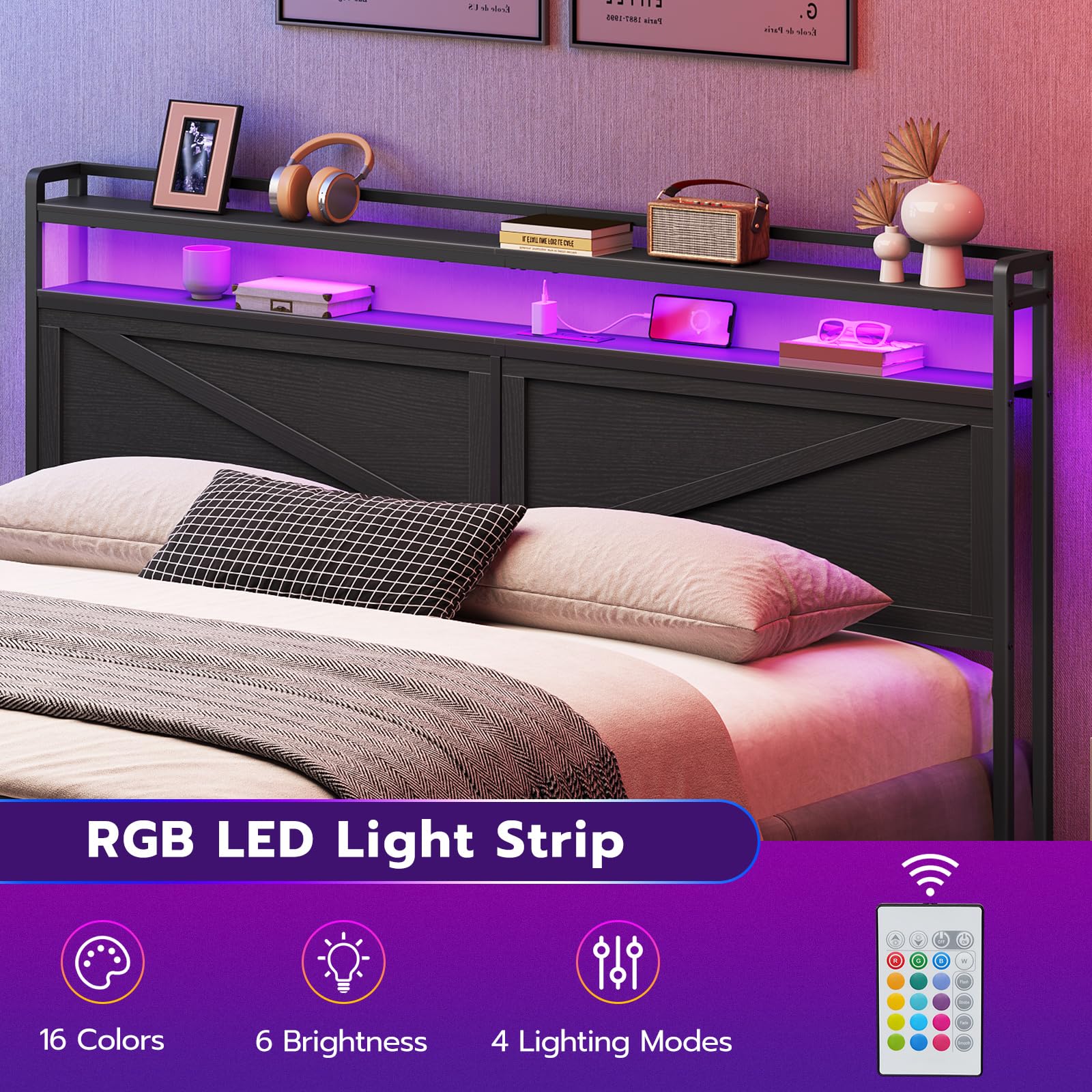 HOOBRO King Size Headboard with Charging Station, LED Lights & Storage - Industrial Style Bed Headboard with USB Ports & Outlets for King Beds - Perfect for Modern Bedrooms & Small Spaces (Black)