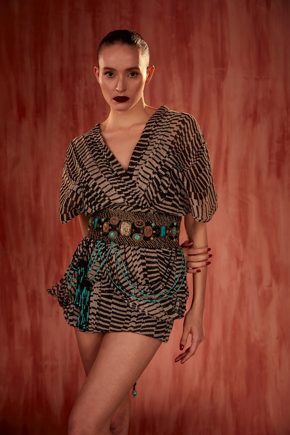 Black & White Byzantine Print Short Sleeve Dress - Elegant Summer Casual Wear for Women, Perfect for Beach Outings & Date Nights