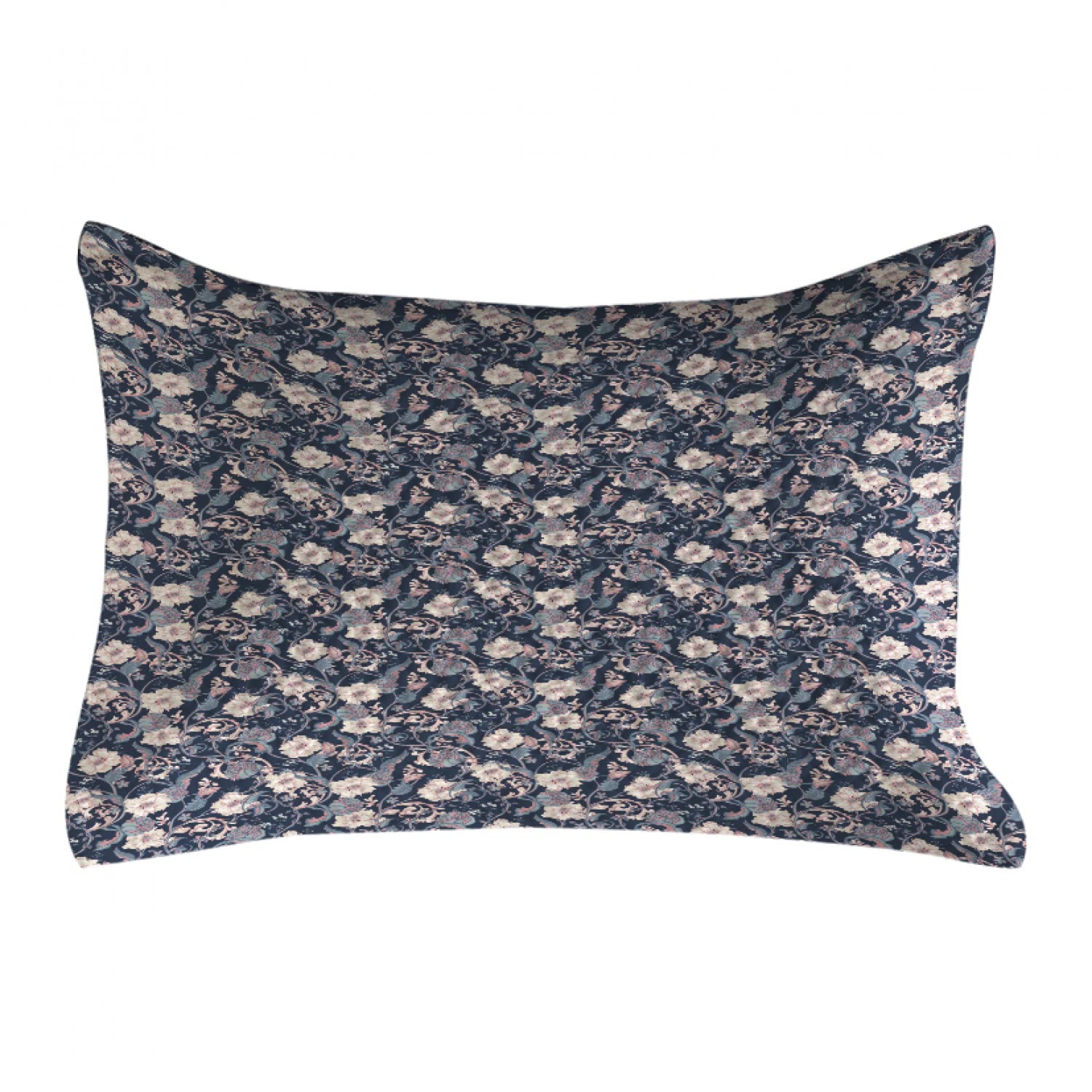 Ambesonne Victorian Quilted Pillow Cover - Vintage Romantic Rose & Magnolia Bouquet Design on Dark Blue Backdrop, Standard King Size 36x20 Inch Decorative Pillow Case for Bedroom, Living Room Sofa & Home Decor