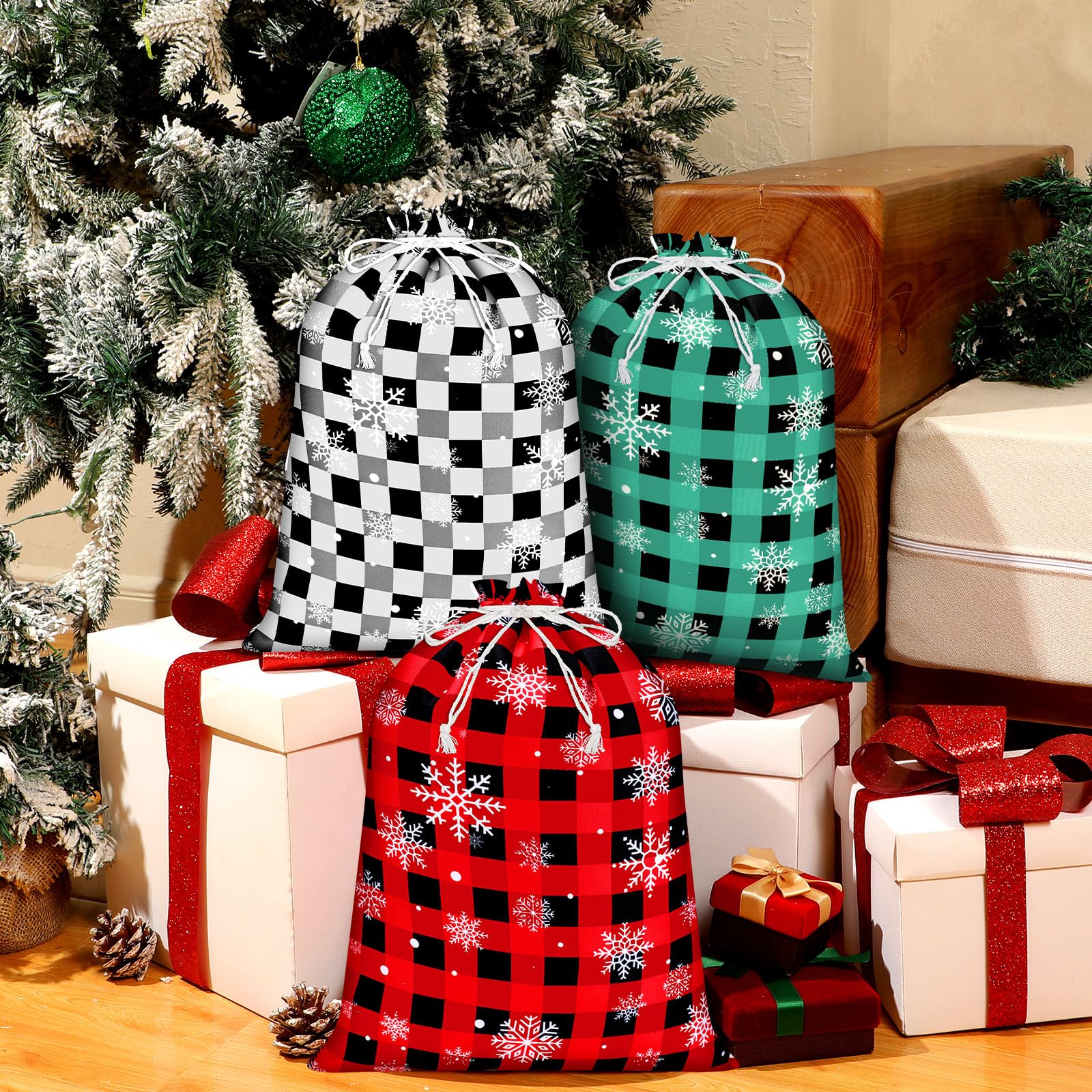 Shappy 10-Piece Christmas Buffalo Plaid Drawstring Gift Bags Set - 12