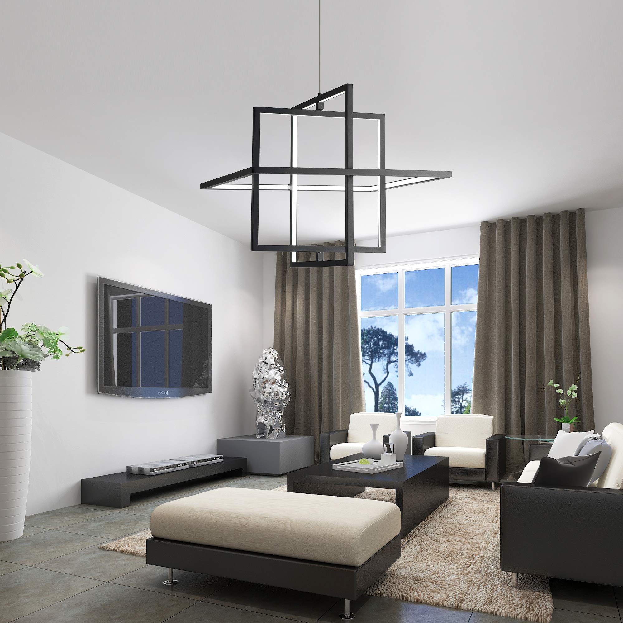Modern Square LED Chandelier - Dimmable 90W Pendant Light with 6000K Cool White - Contemporary Hanging Light Fixture for Living Room, Dining Room, Bedroom, Kitchen & Study - Perfect for Modern Home Decor & Ambient Lighting (Black)