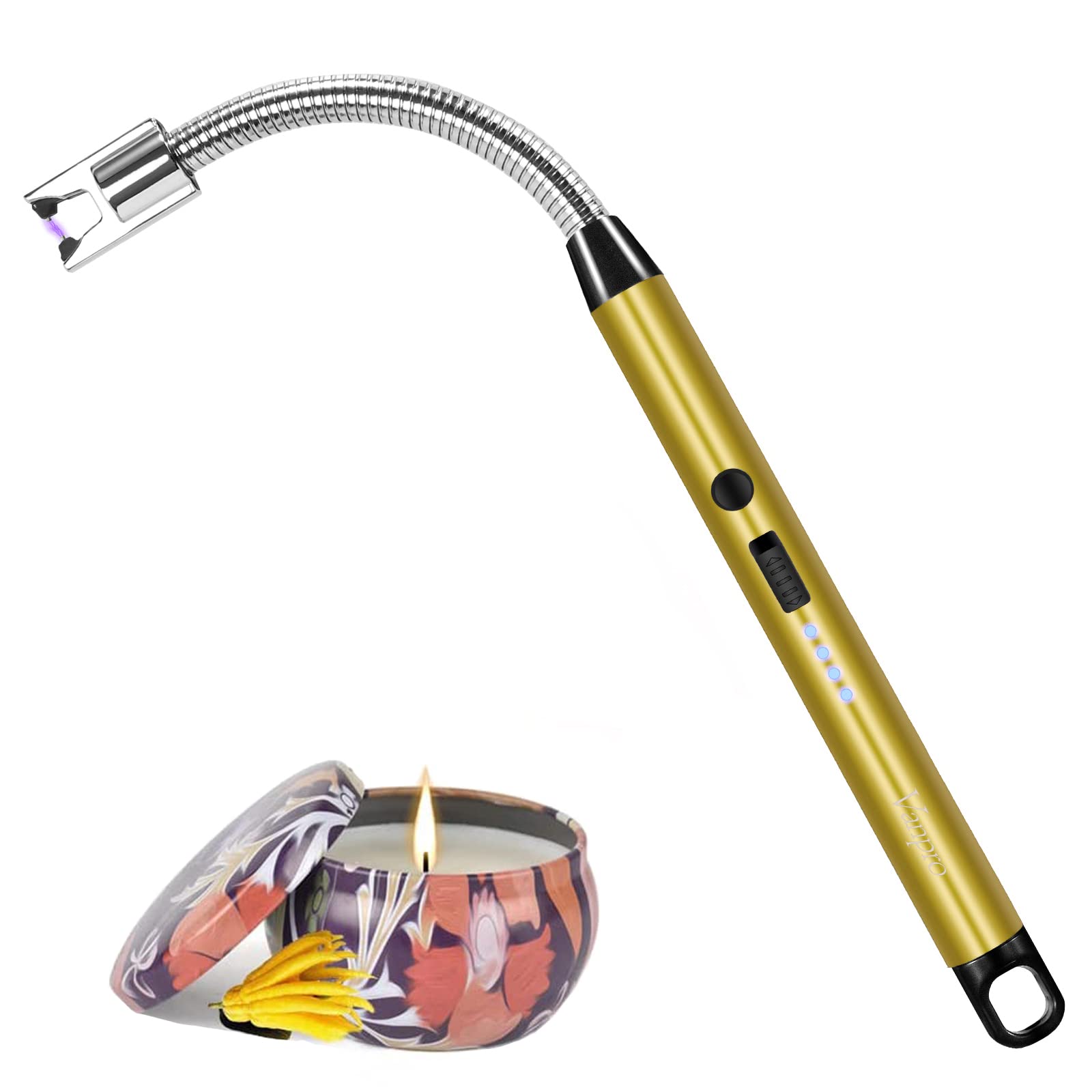Vanpro Rechargeable Electric Arc Lighter with LED Battery Display - 360° Flexible Neck, Flameless Design for Candles, Gas Stoves, Camping & BBQ - Perfect for Home, Kitchen, Outdoor Adventures (Gold)