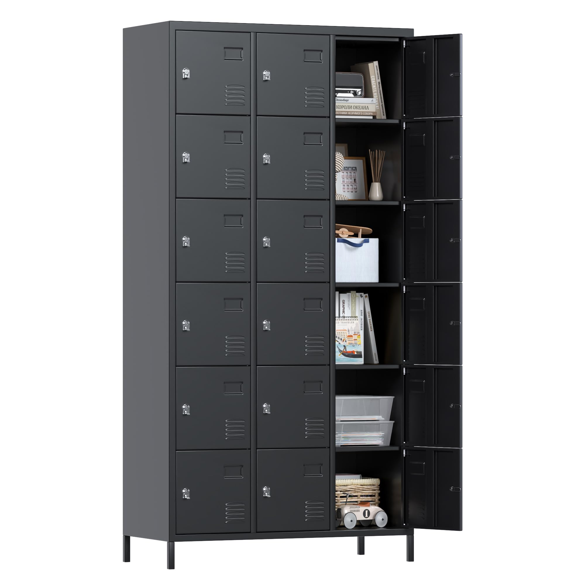 Aobabo 18-Door Black Steel Storage Locker Cabinet - Heavy Duty Metal Locker for School, Office, Gym, Bedroom - Industrial Storage Cabinet for Employees (Assembly Required) | Perfect for Employee Storage, School Changing Rooms & Gym Equipment Organization