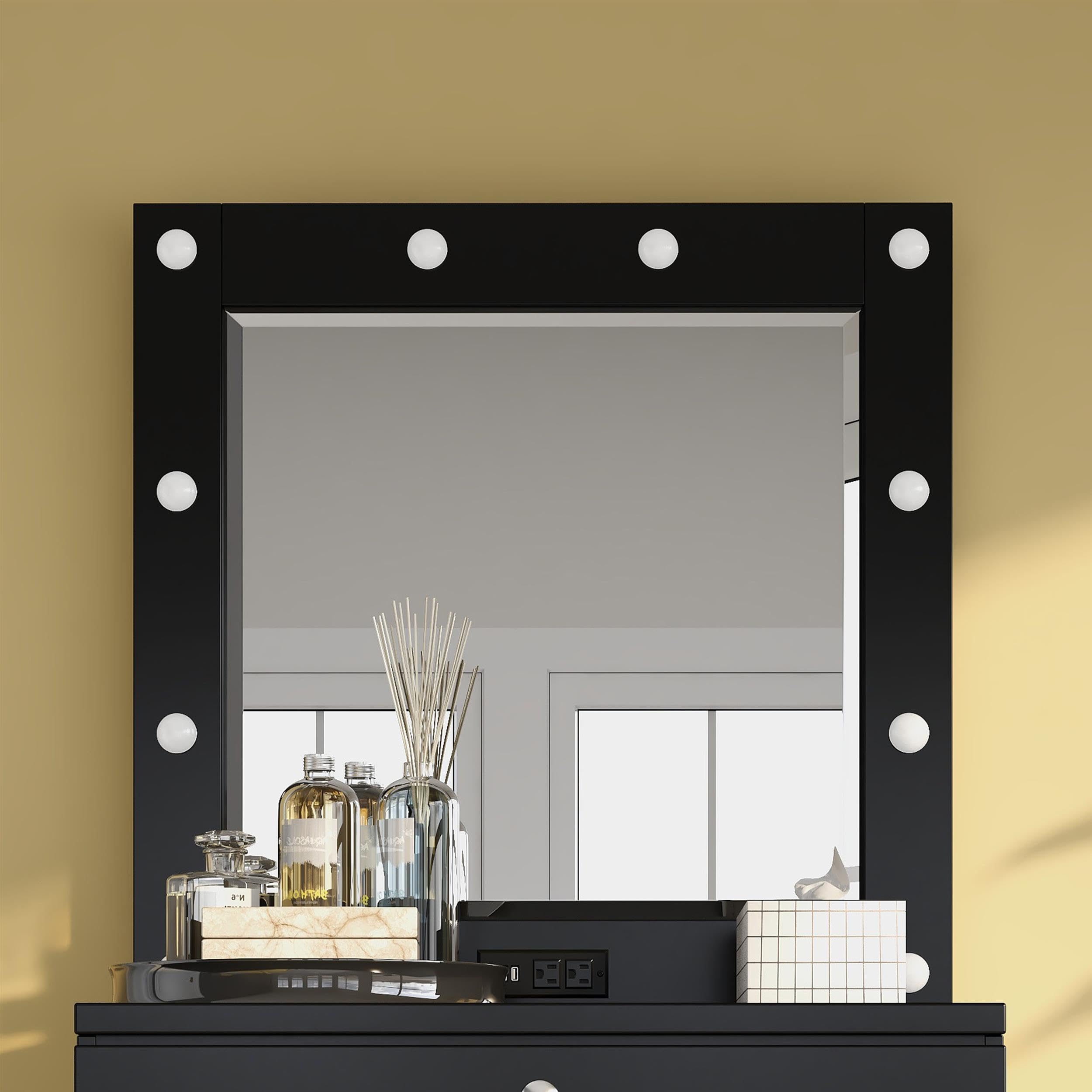 Furniture of America Lita Contemporary Wood Vanity Mirror with LED Bulbs - Black Modern Dressing Mirror for Bedroom & Bathroom Makeup Station