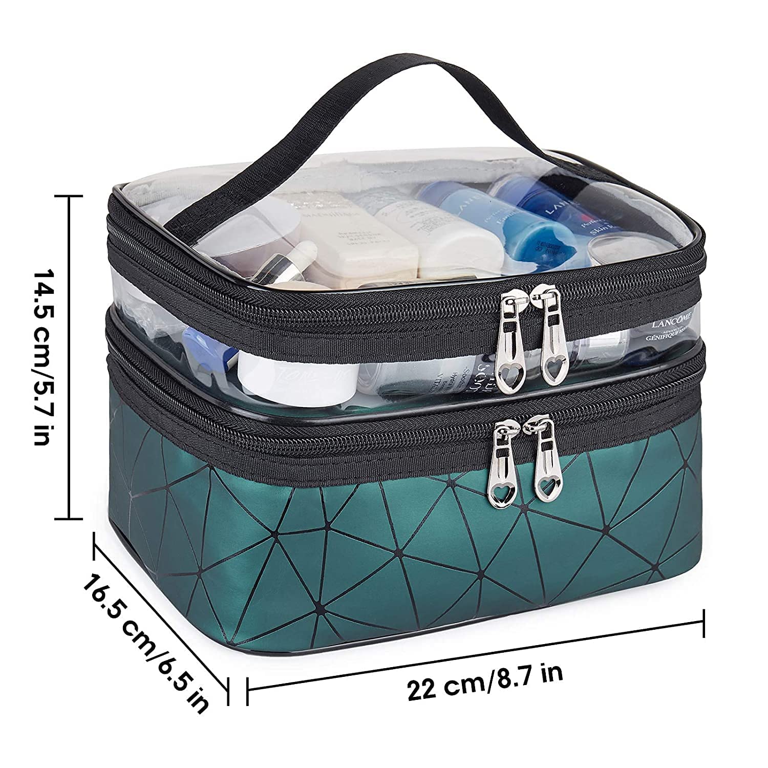 HITSHREE Women's Makeup Travel Organizer Toiletry Bag - Double Layer Cosmetic Case for Brushes & Beauty Tools, Portable Luxury Makeup Pouch (Green Diamond) | Perfect for Travel, Gym, and Daily Organization