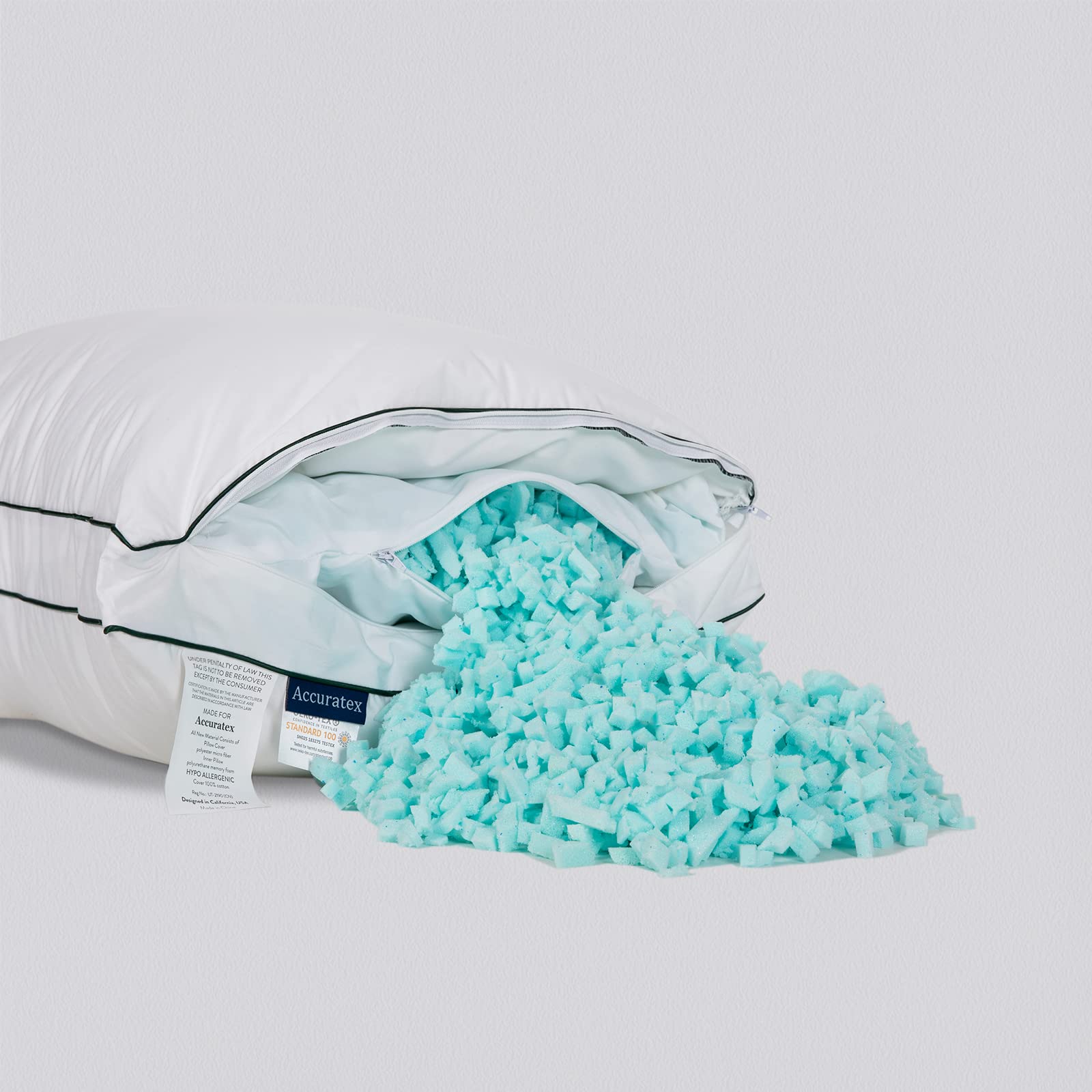 ACCURATEX King Size Cooling Memory Foam Pillow - Adjustable Shredded Firm Pillow with Removable Cotton Cover & Down Alternative Fill - Ideal for Side, Back & Stomach Sleepers - Green Piping - Perfect for Hot Sleepers & Neck Pain Relief