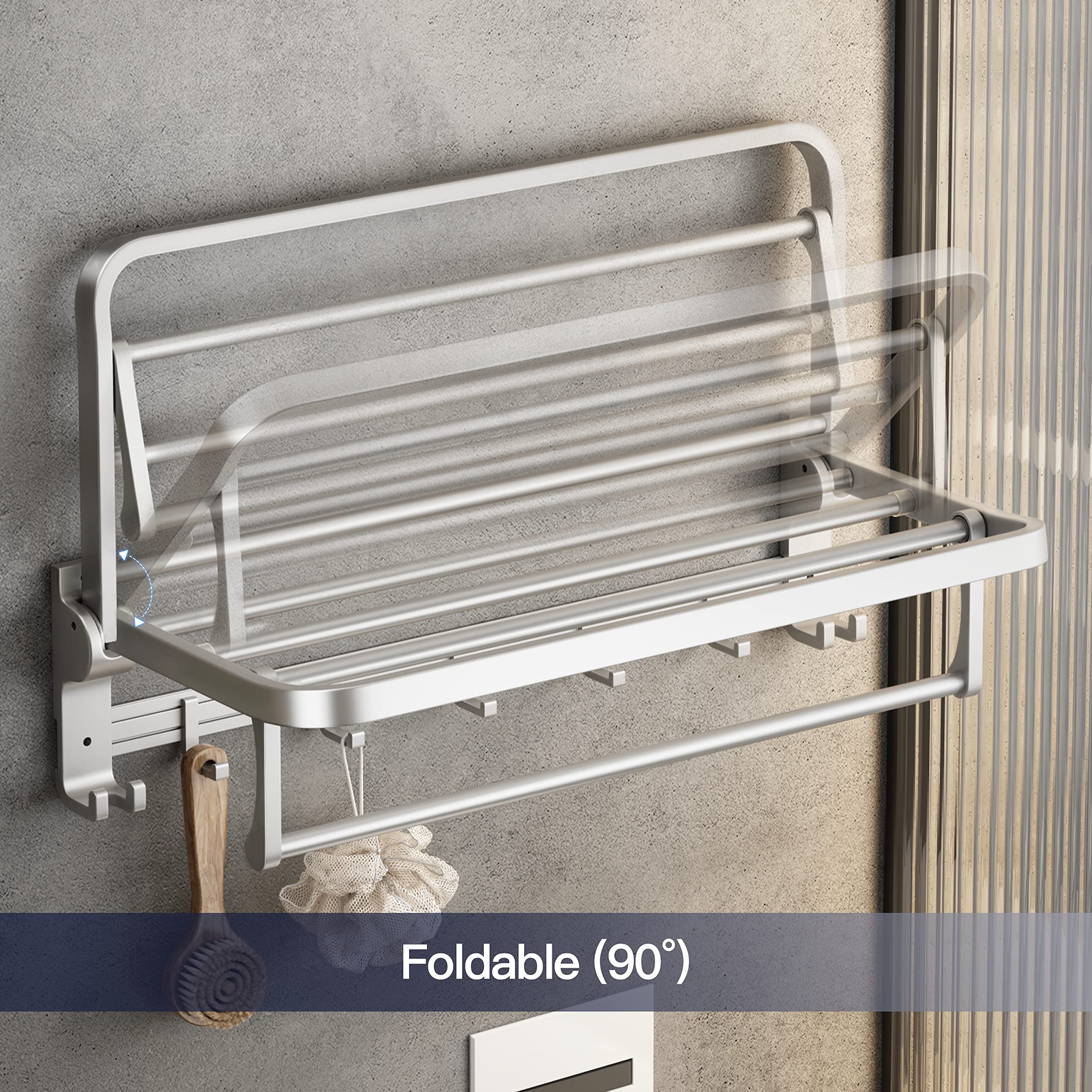 VOLPONE 24 Inch Foldable Towel Rack with Adjustable Hooks - Rustproof Wall Mounted Bathroom Towel Holder & Shelf - Perfect for Bathroom, Lavatory, and Spa Organization (Silver)
