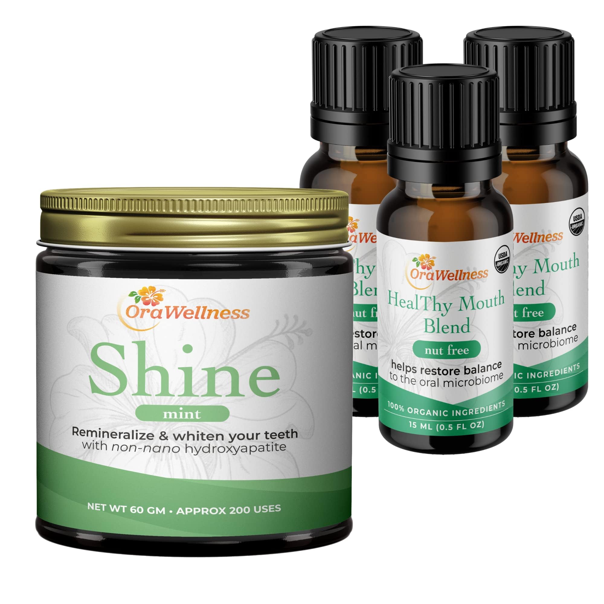 OraWellness Shine Remineralizing Natural Teeth Whitening Powder - Mint Flavor, Nut-Free, Organic Toothpaste & Mouthwash Alternative (Pack of 3) | Safe for Sensitive Teeth, Promotes Oral Health, Ideal for Travel & Daily Use