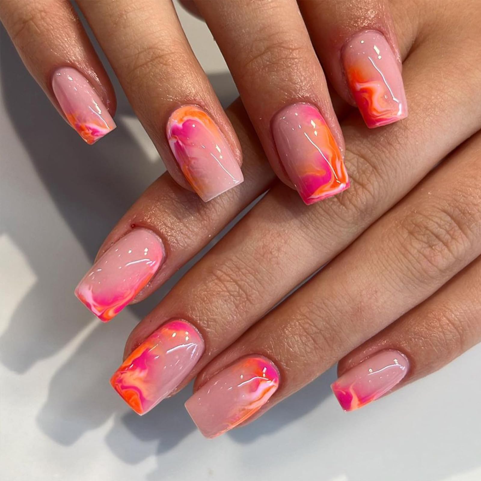 IMSOHOT Square Press-On Orange Red Ombre Fake Nails with Glossy Designs - Full Cover Acrylic False Nails for Women & Girls - Perfect for Summer, Parties, Weddings & Special Occasions