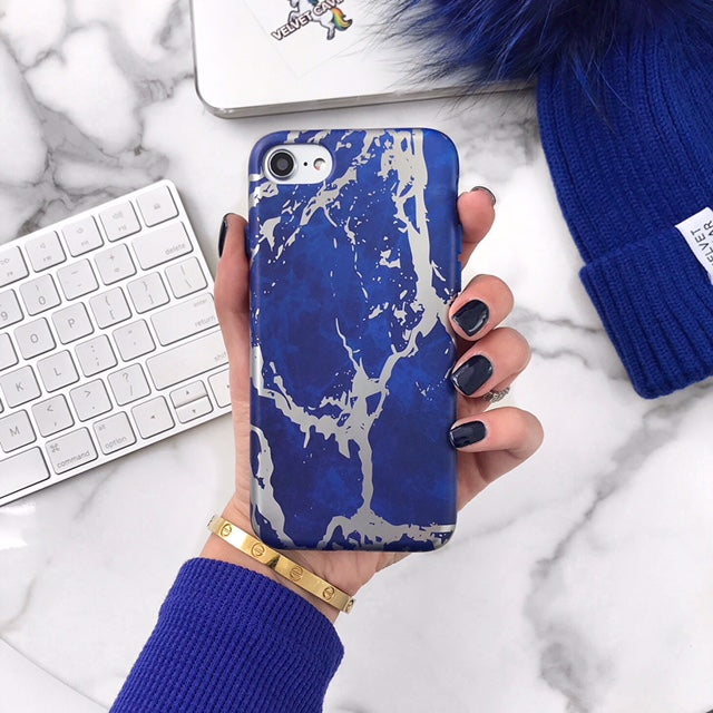 Navy Blue Marble Silver Chrome iPhone Case - Stylish Protective Cover for iPhone 13/14/15 Pro Max - Durable Shockproof Phone Case for Everyday Use & Travel
