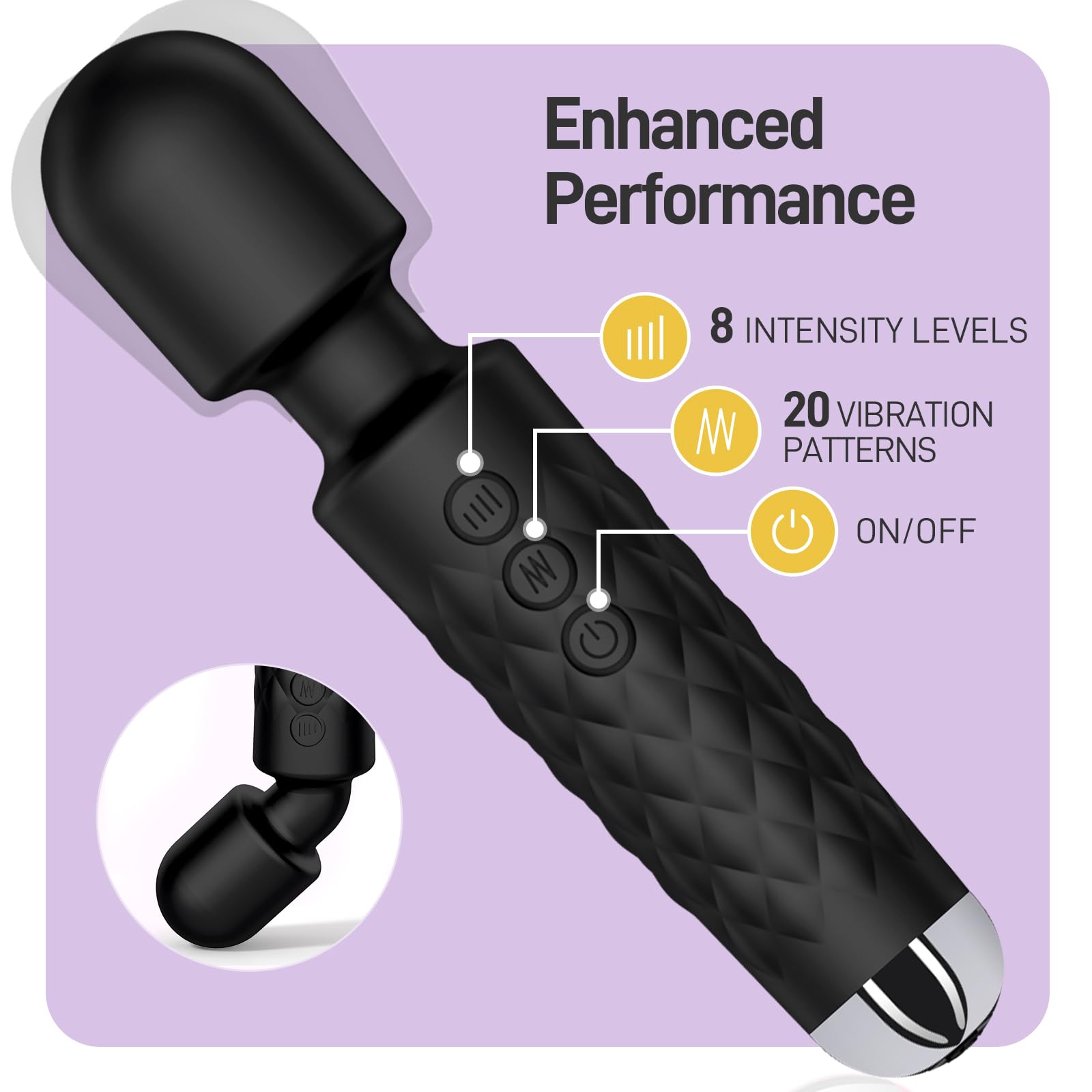 Powerful Waterproof Wand Vibrator for Women - 20 Vibration Patterns & 8 Intensity Levels - Rechargeable Massage Wand for Sensual Pleasure & Muscle Relaxation | Perfect for Couples Play, Solo Exploration & Stress Relief (Black)